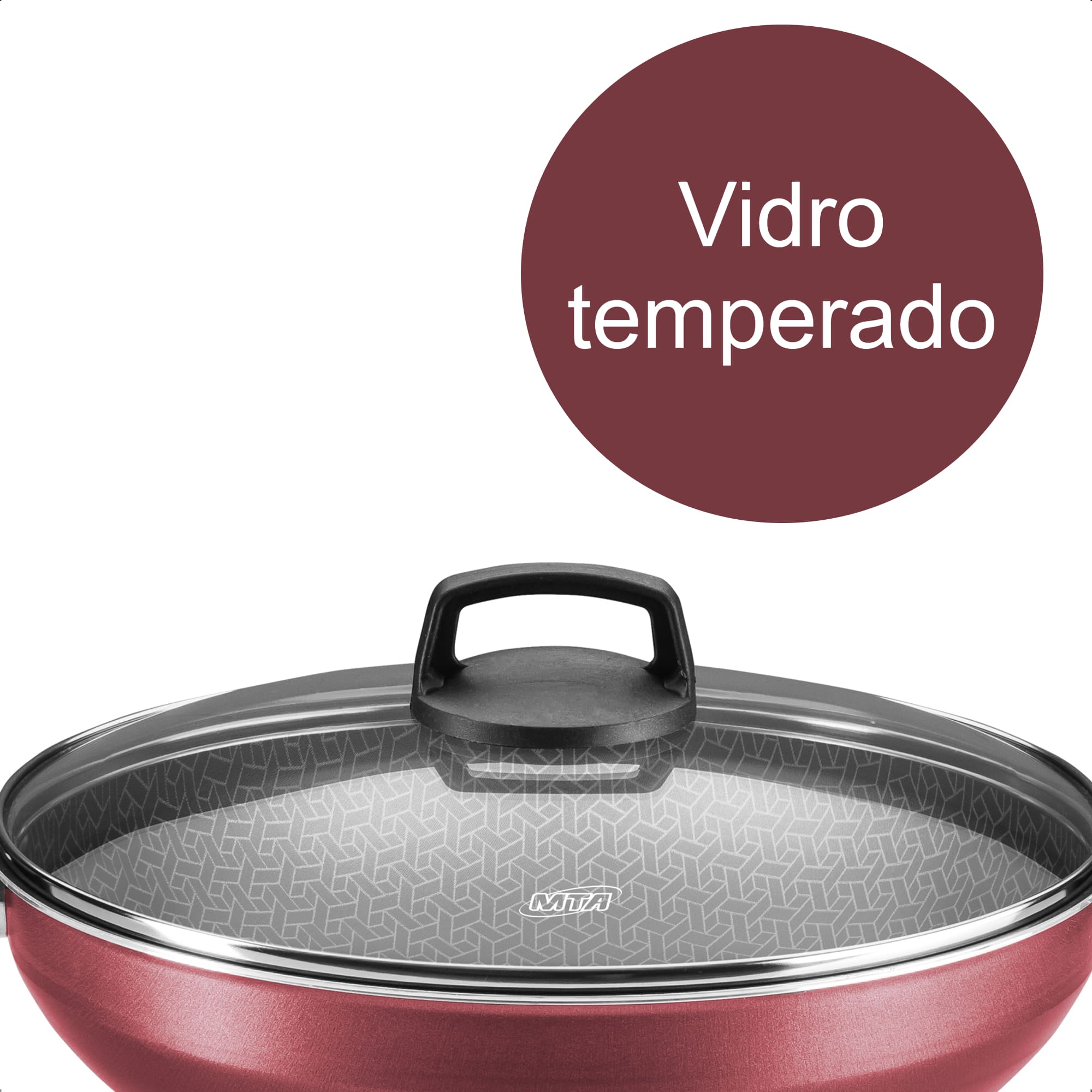 Panela Supra Wok 4,3L Tampa Vidro Temperado Alça 28cm Antiaderente 7 Camadas Vermelho MTA - 8952