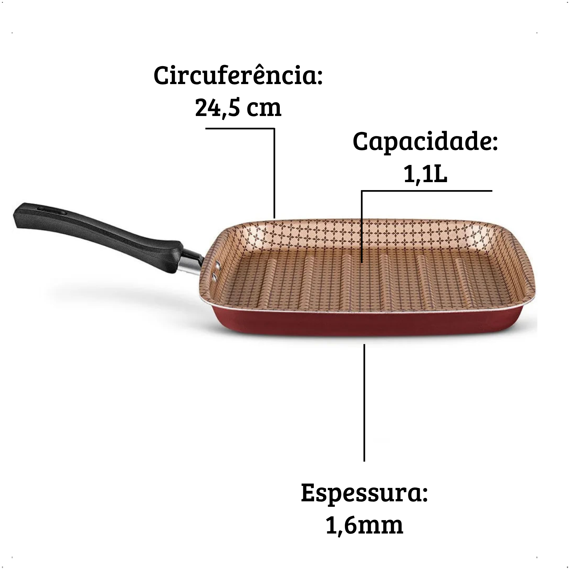 Panela Grill Flora 1,1L Antiaderente 7 Camadas Superflon Ultra Alumínio Cereja Mta 8700