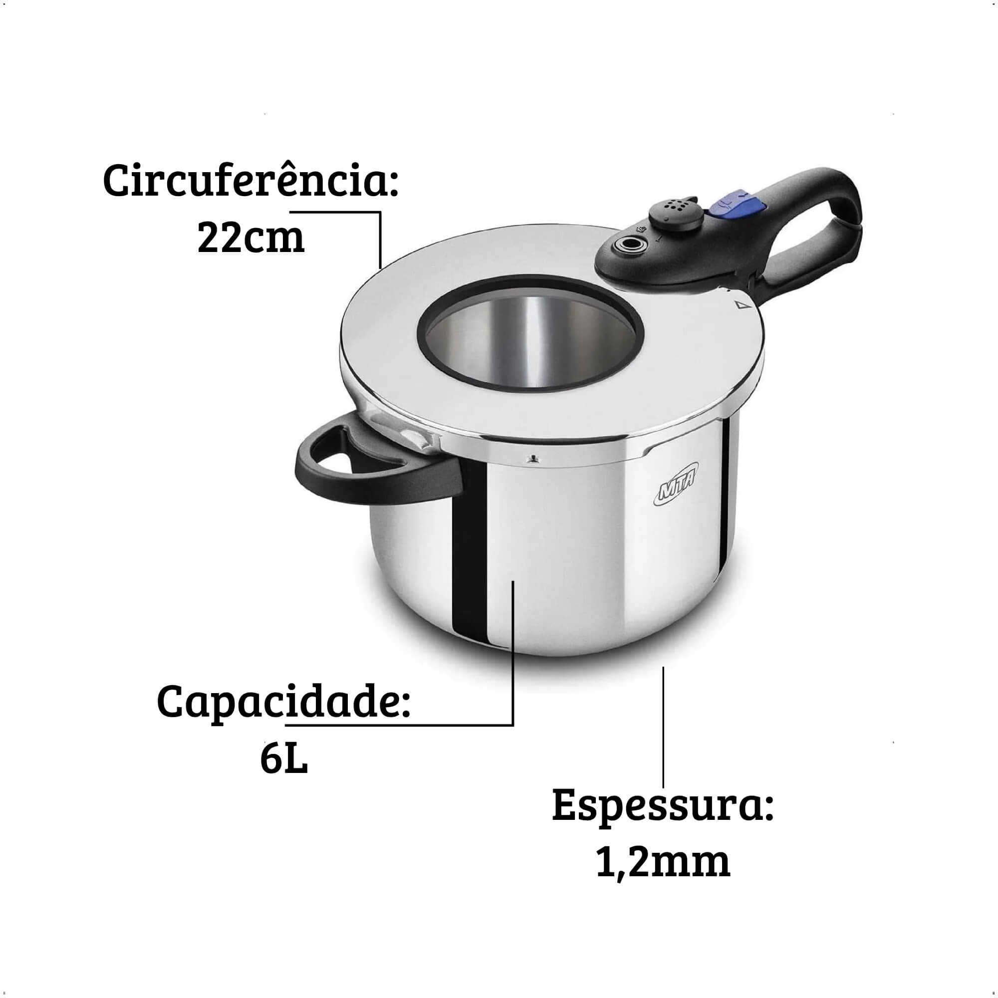 Panela de Pressão 6L 22cm Inox Visor Cozimento Rápido Trava de Segurança Fundo Triplo MTA - 6020