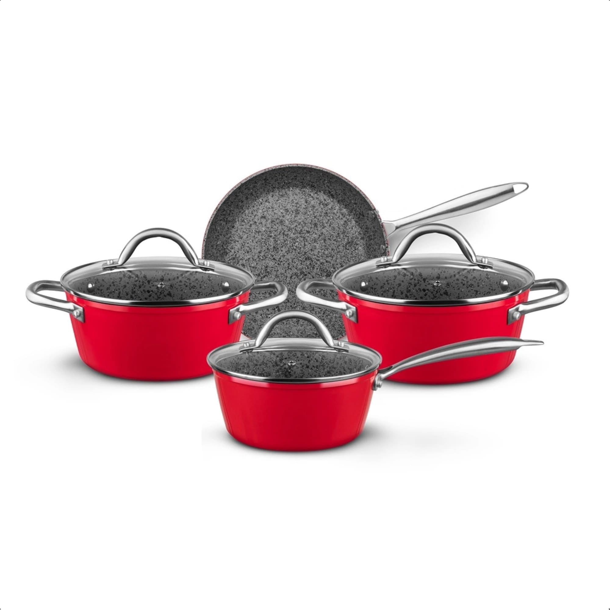 Jogo de Panelas 4 Peças Vermelho Granito Stoneflon Alumínio Aço Inox Silicone MTA - 8435