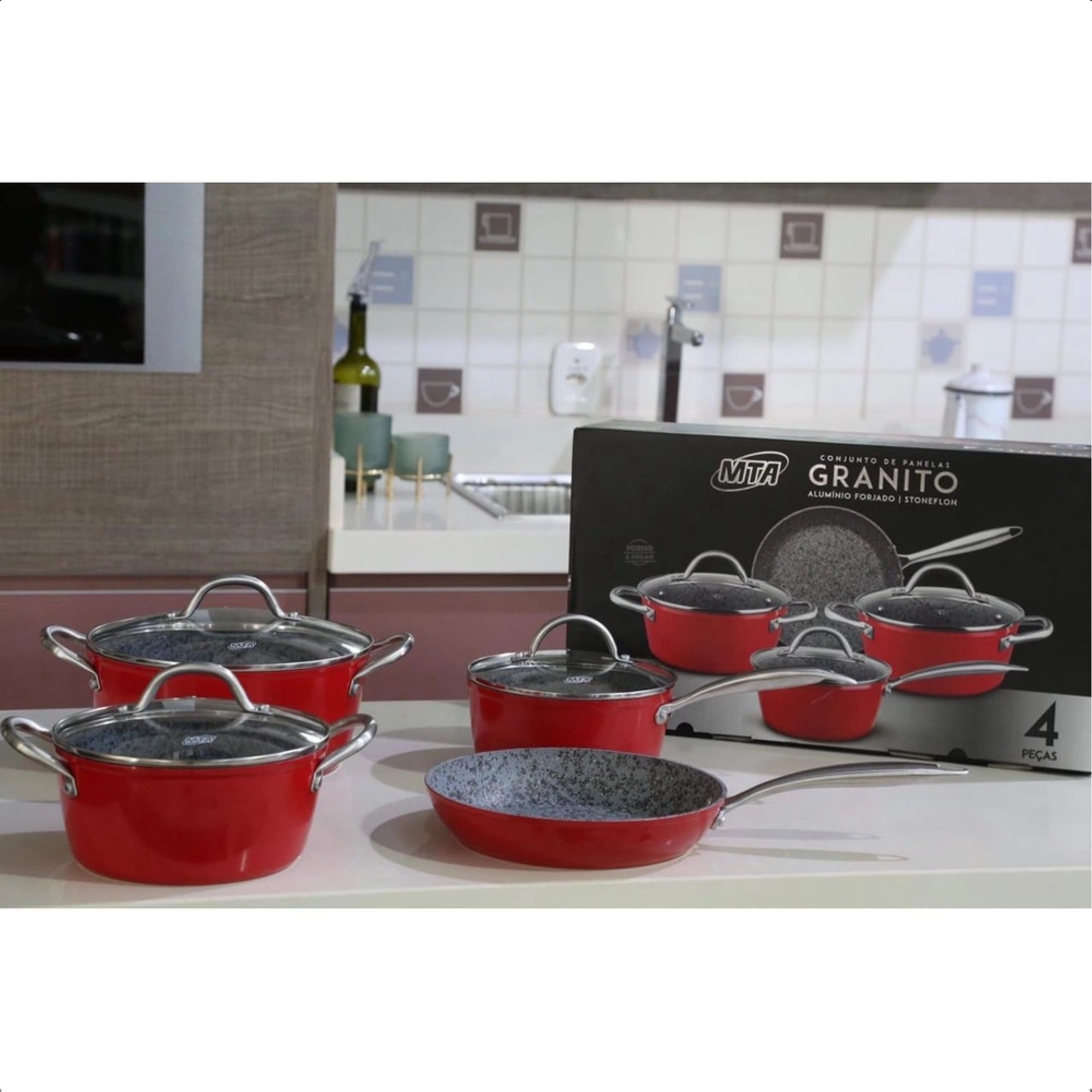 Jogo de Panelas 4 Peças Vermelho Granito Stoneflon Alumínio Aço Inox Silicone MTA - 8435