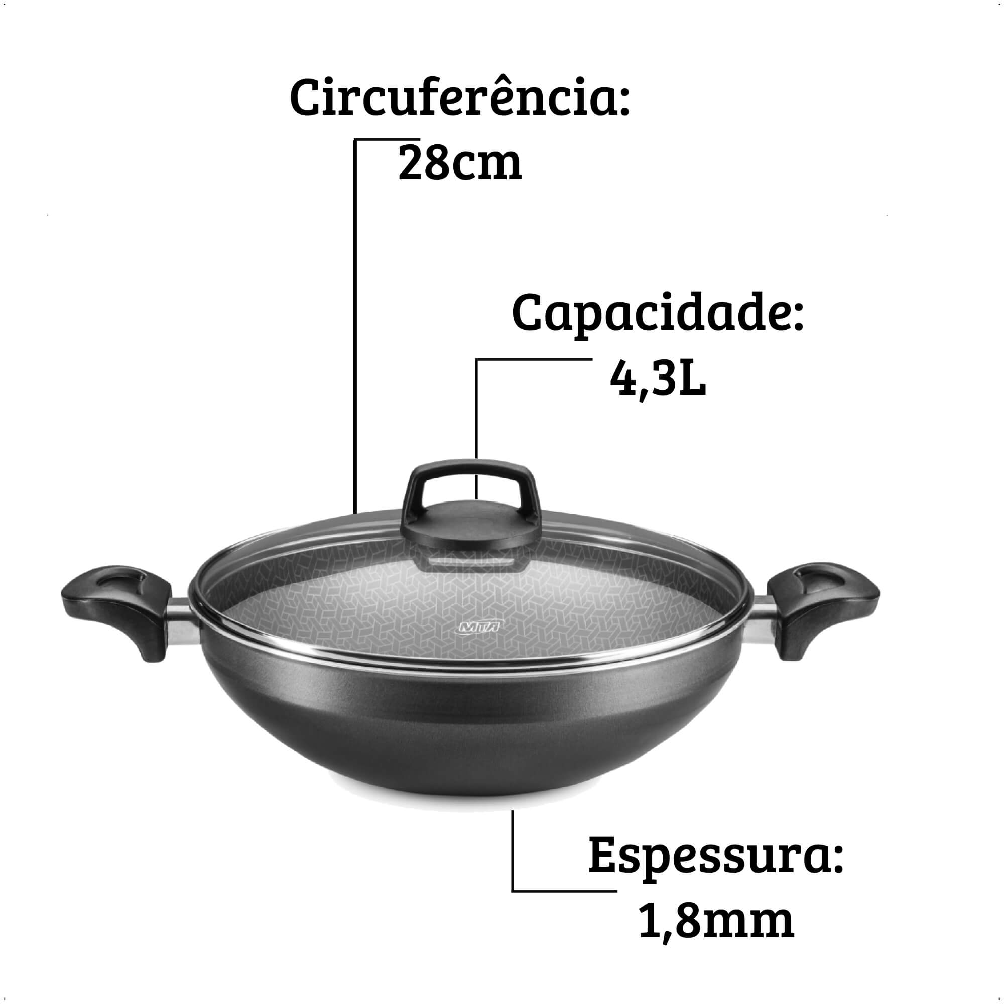 Panela Wok Supra 4,3L 28Cm Antiaderente Superflon Ultra 7 Camadas Alça Resistente Ao Calor MTA 950