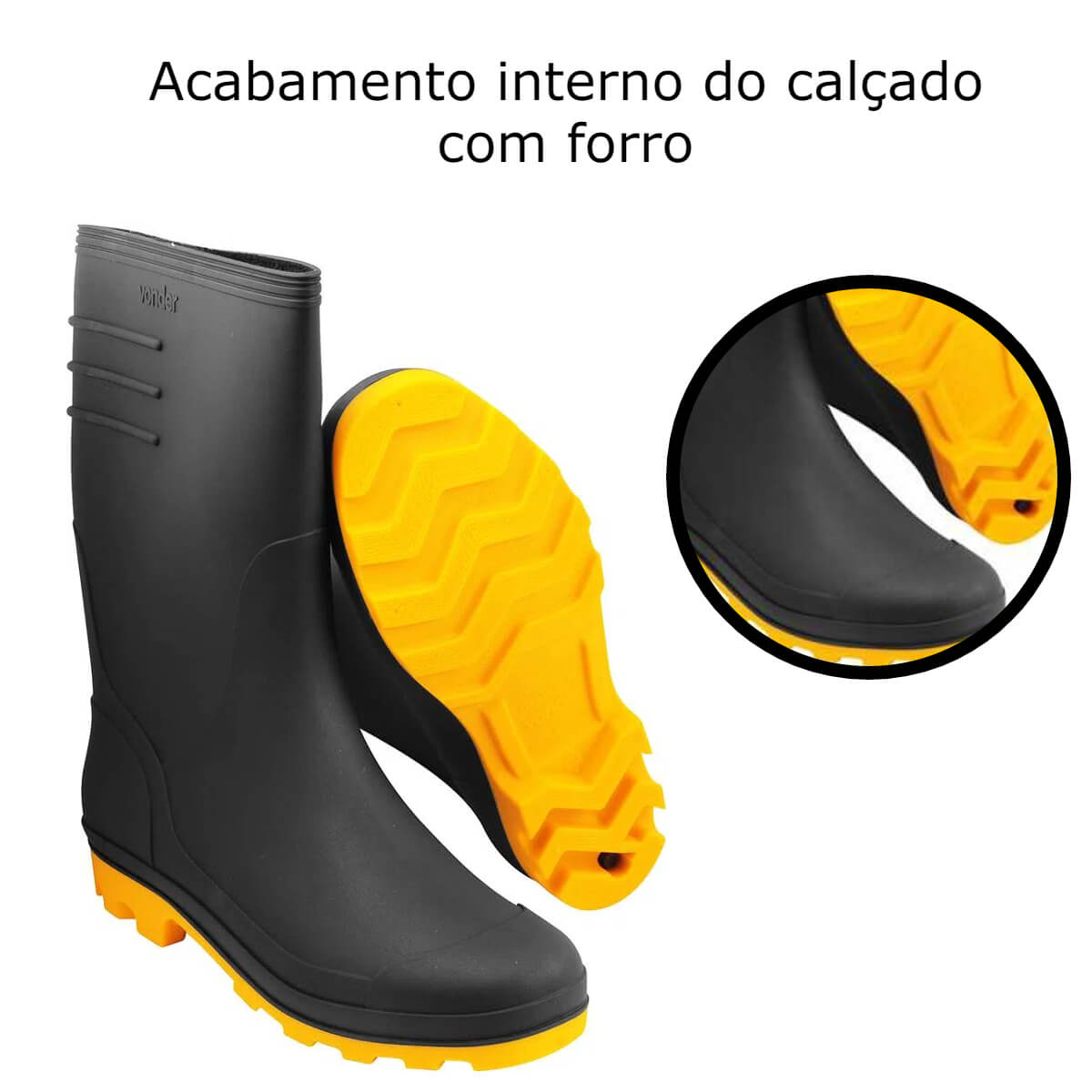 Bota de PVC Galocha Cor Preto/Amarelo Sem Forro Interno Cano 26cm Vonder - 7075370000 Tamanho:38