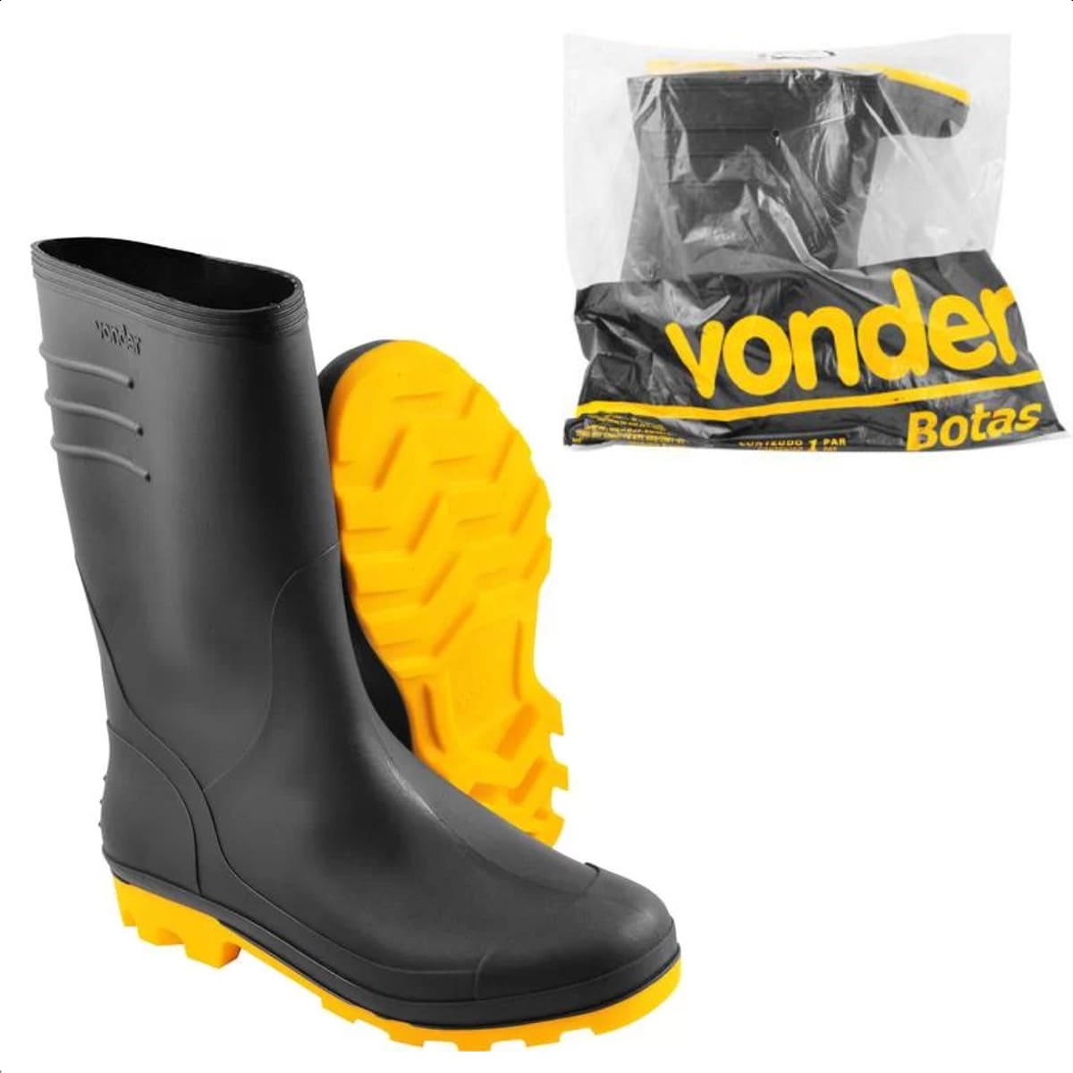 Bota de PVC Galocha Cor Preto/Amarelo Sem Forro Interno Cano 26cm Vonder - 7075370000 Tamanho:42