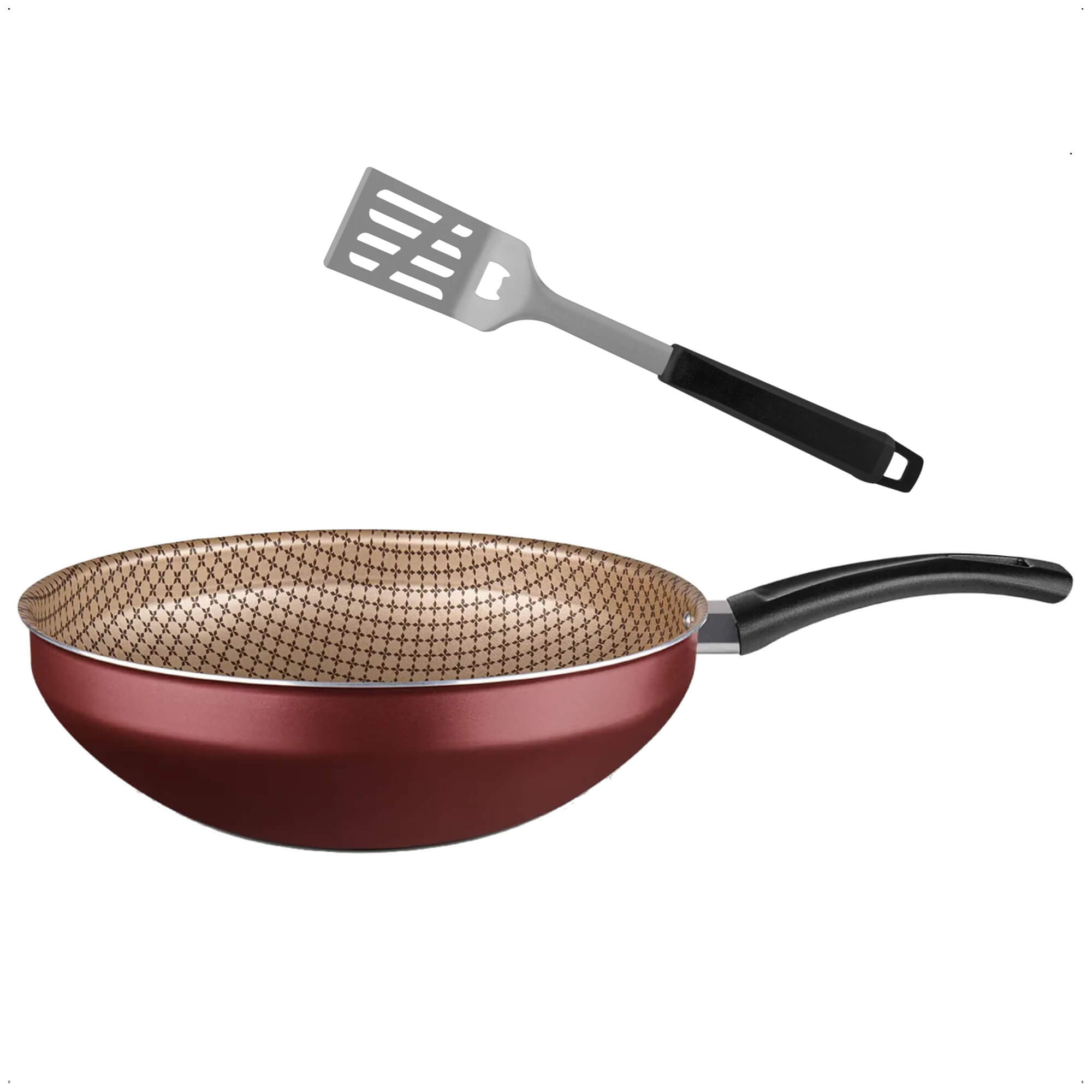 COMP Kit Panela Frigideira Wok Antiaderente 4,3 Litros Cereja MTA + Espátula Tramontina