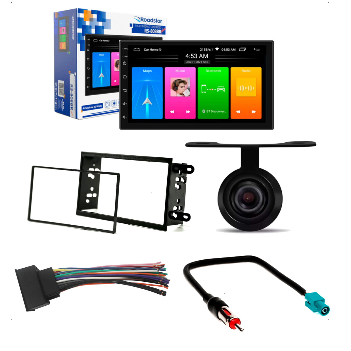 COMP Kit Multimídia 7Pol RS-808BR Plus + Moldura Onyx 2013 à 2019 + Camera de Ré + Chicote Antena e 16 vias