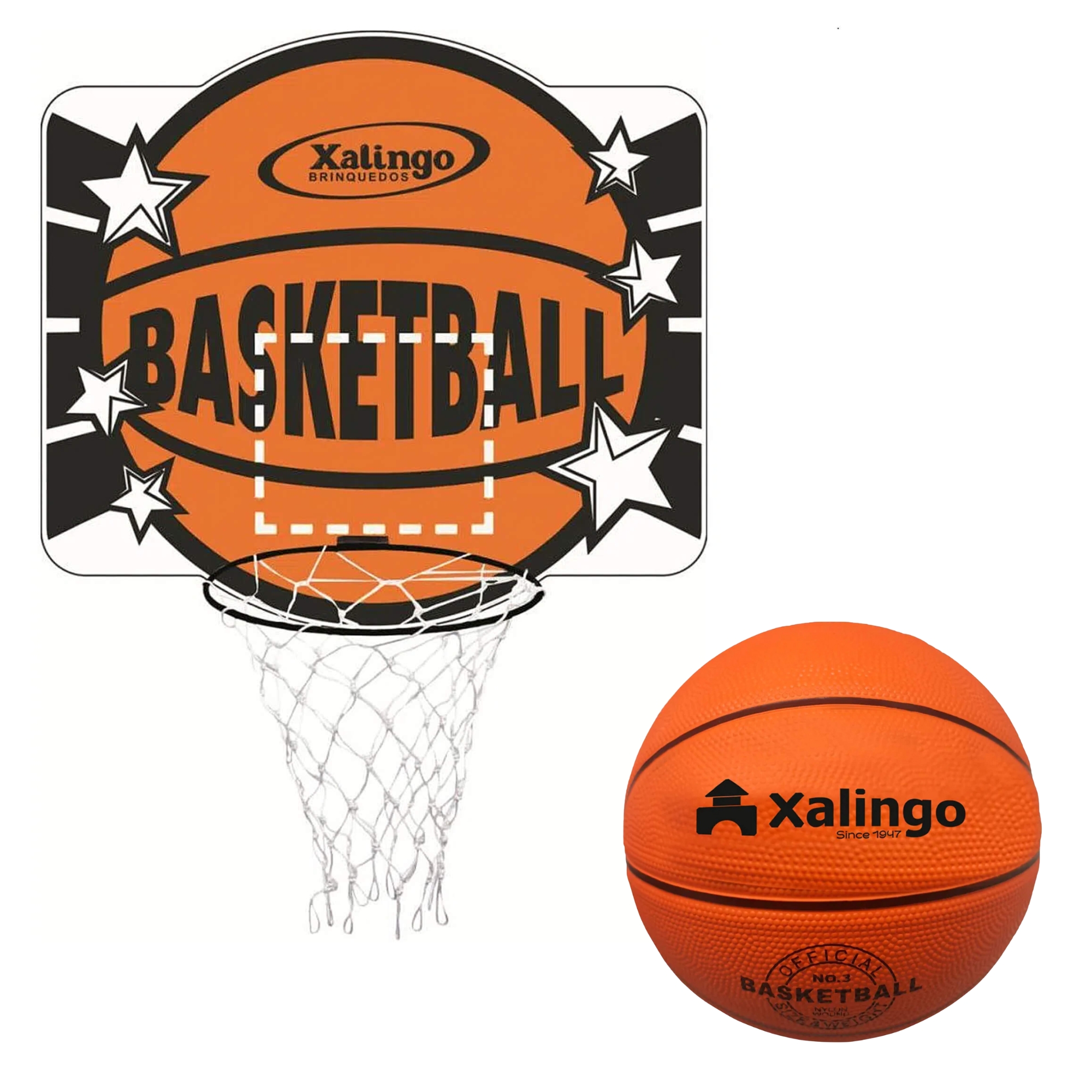 COMP Kit Tabela de Basquete Infantil em MDF Ótima Fixação +6 Anos Xalingo + Bola de Basquete Laranja