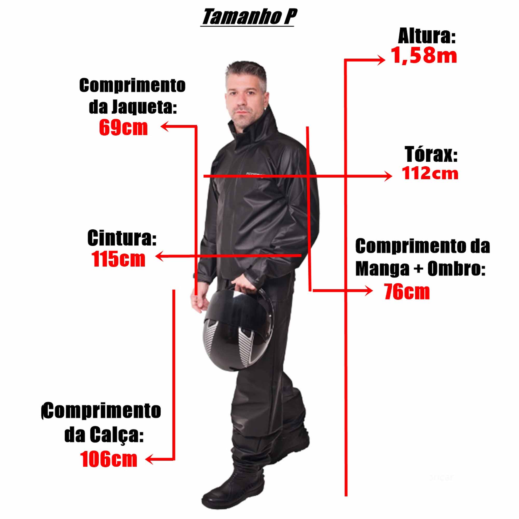 Conjunto Capa de Chuva Pvc P Combate c/ Capuz Masculino Refletiva Zíper Pioneira 2901-M-PRE-P