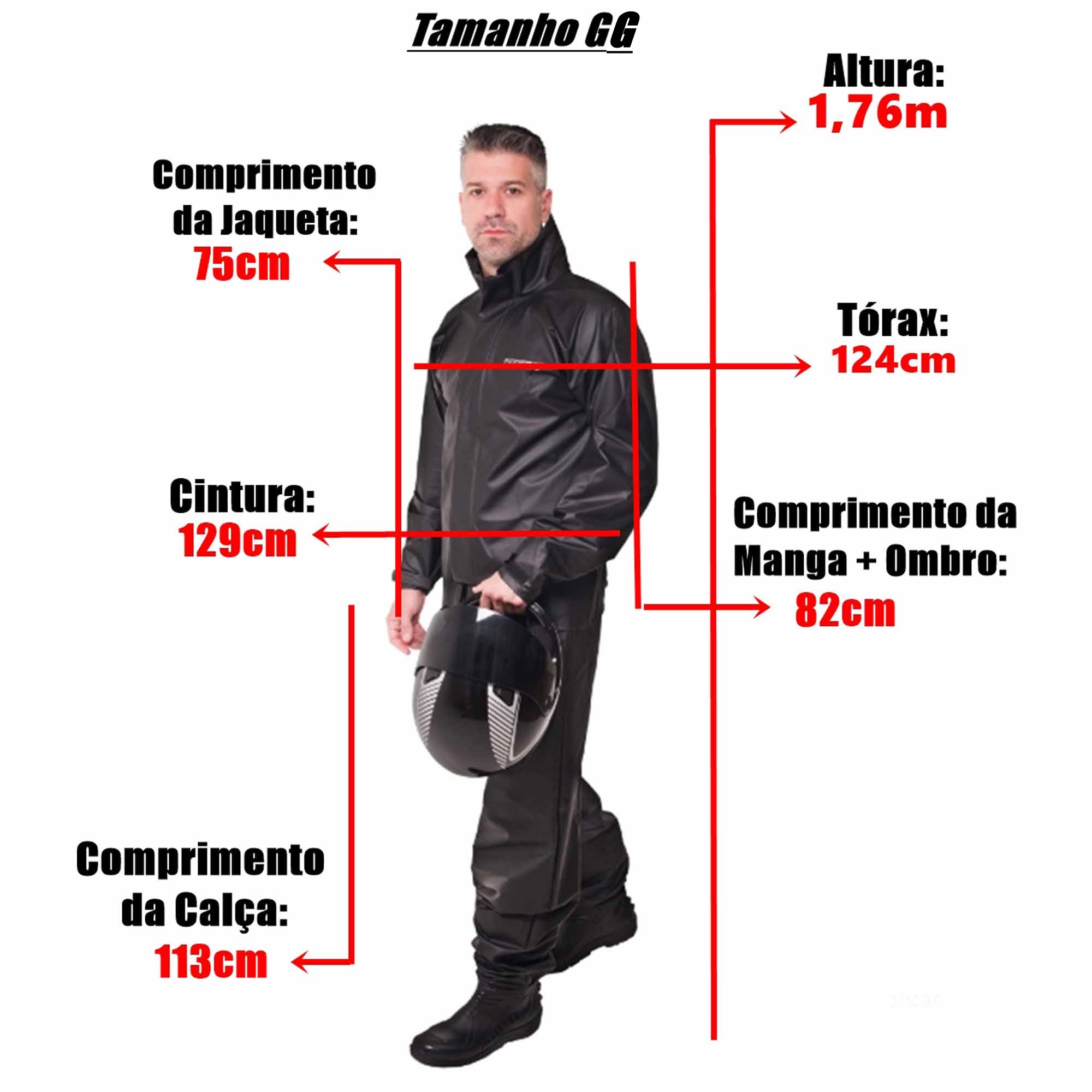 Conjunto Capa de Chuva Pvc GG Combate c/ Capuz Masculino Refletiva Zíper Pioneira 2901-M-PRE-GG