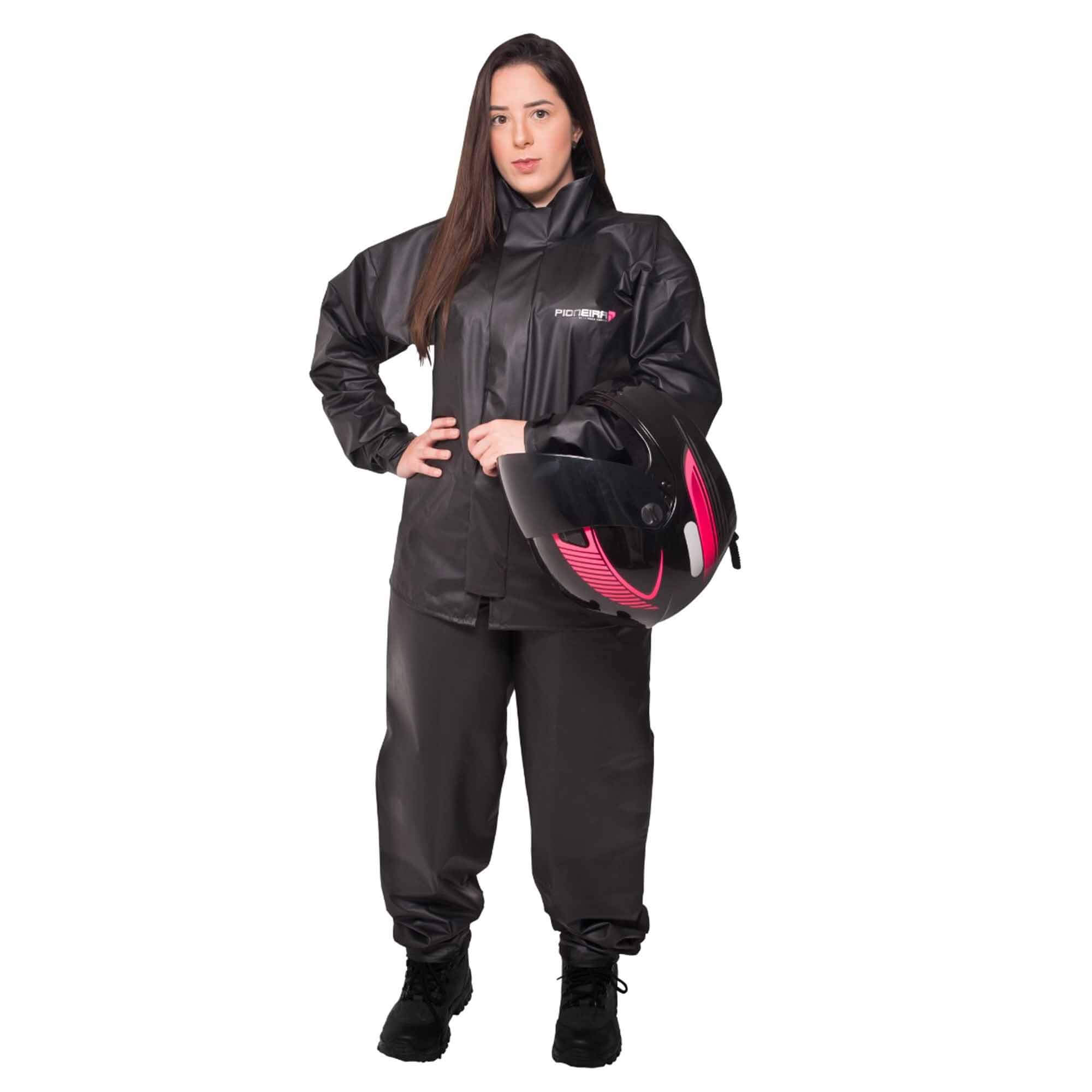 Conjunto Capa de Chuva Pvc G Combate c/ Capuz Feminina Preto Refletiva Zíper Pioneira 2901-F-PRE-G