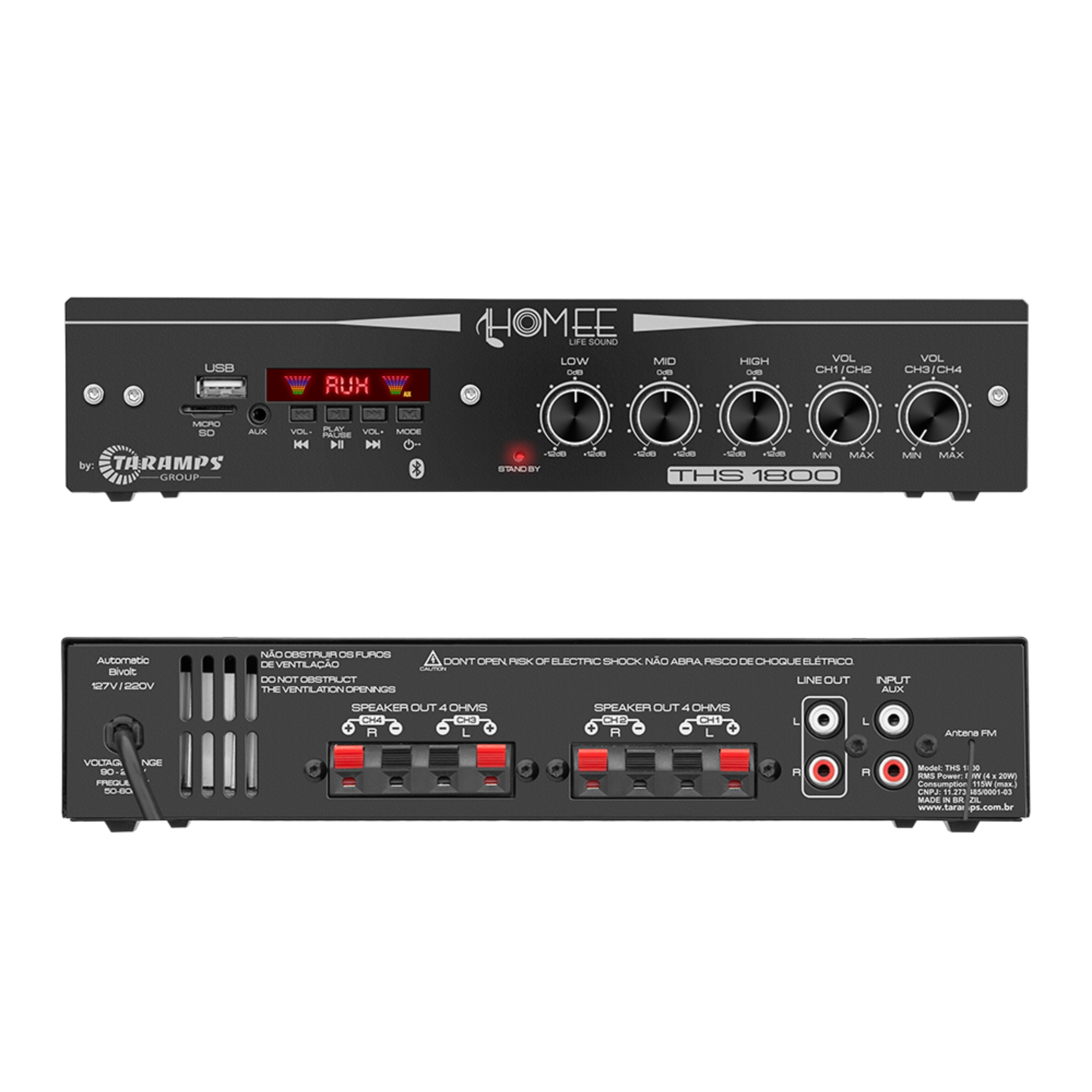 Amplificador Som Ambiente Receiver 80 Watts 4 canais THS 1800 Taramps USB/SD/FM/BT/MIC/AUX Bivolt 900846