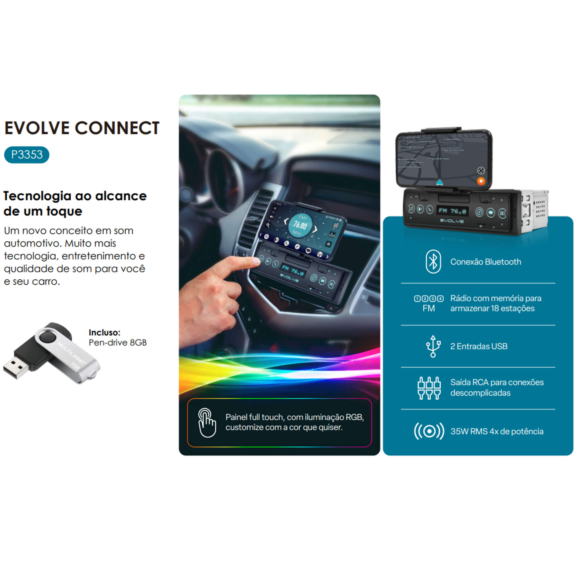 Som Automotivo Evolve Connect Bluetooth 4X35W Suporte p/ Smartphone Rádio FM Entrada USB P3353