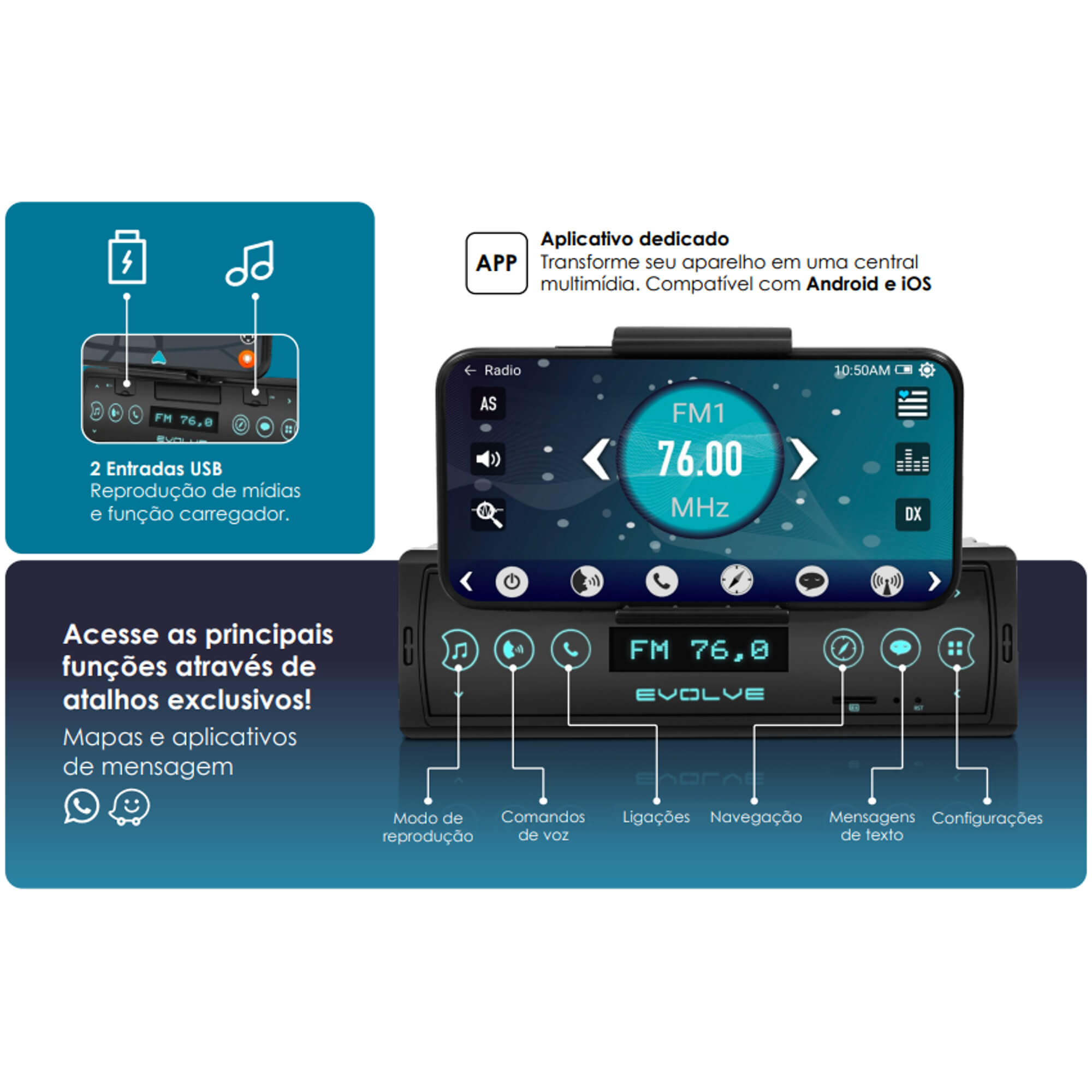 Som Automotivo Evolve Connect Bluetooth 4X35W Suporte p/ Smartphone Rádio FM Entrada USB P3353