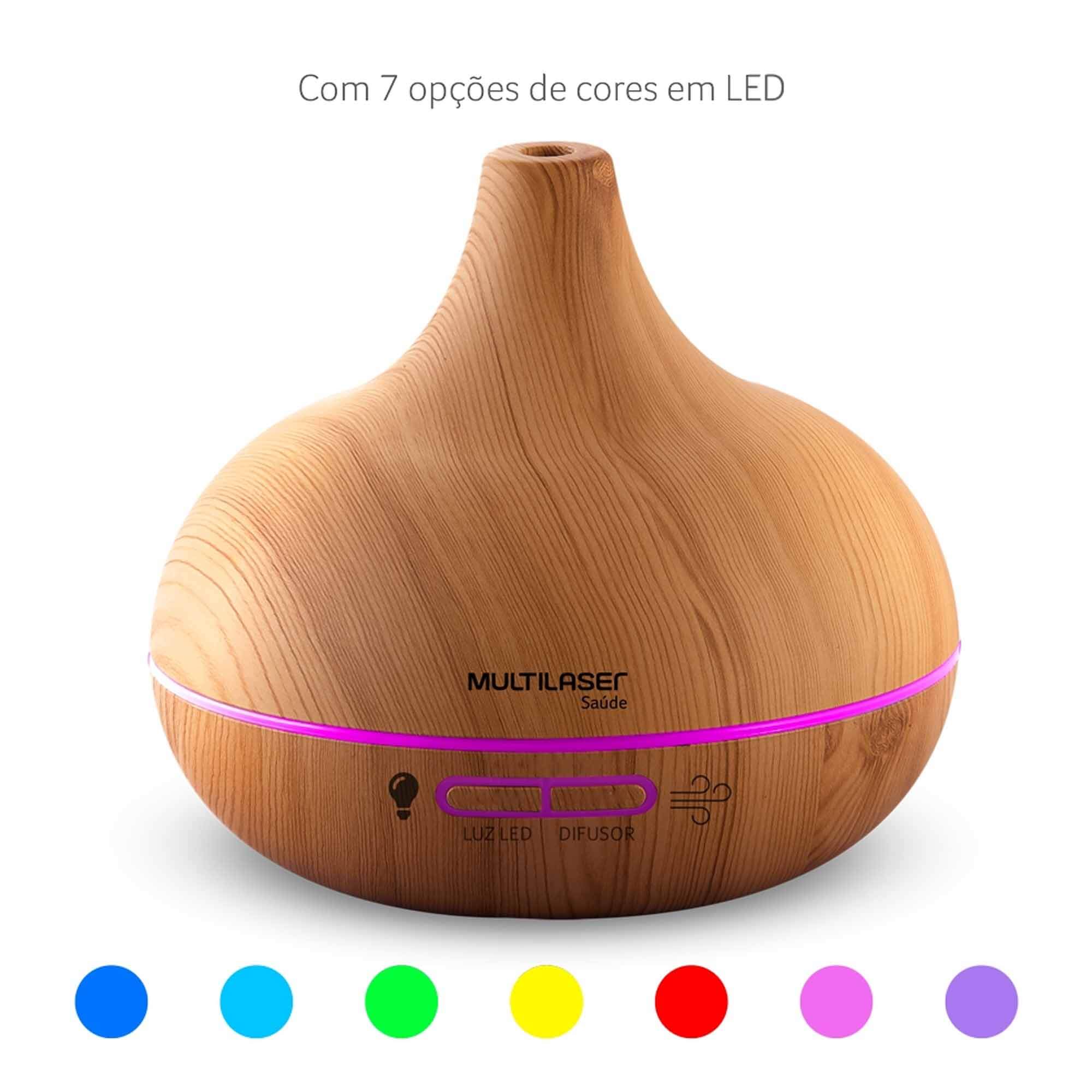Difusor de Aromas Amadeirado com Iluminação 7 Opções de LED VAR Vapor Aromatizado Ambiente Cheiroso Multilaser HC218