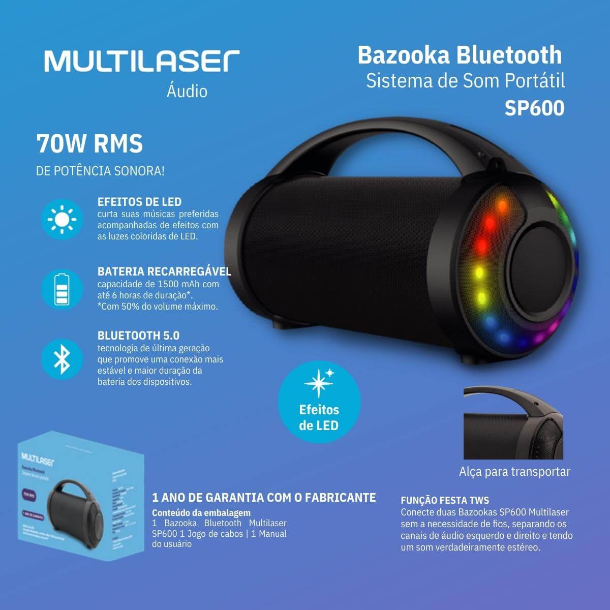 Caixa De Som Bazooka Led 70W BT Bluetooth 5.0 Bivolt USB 6 Horas De Duração Multilaser - SP600