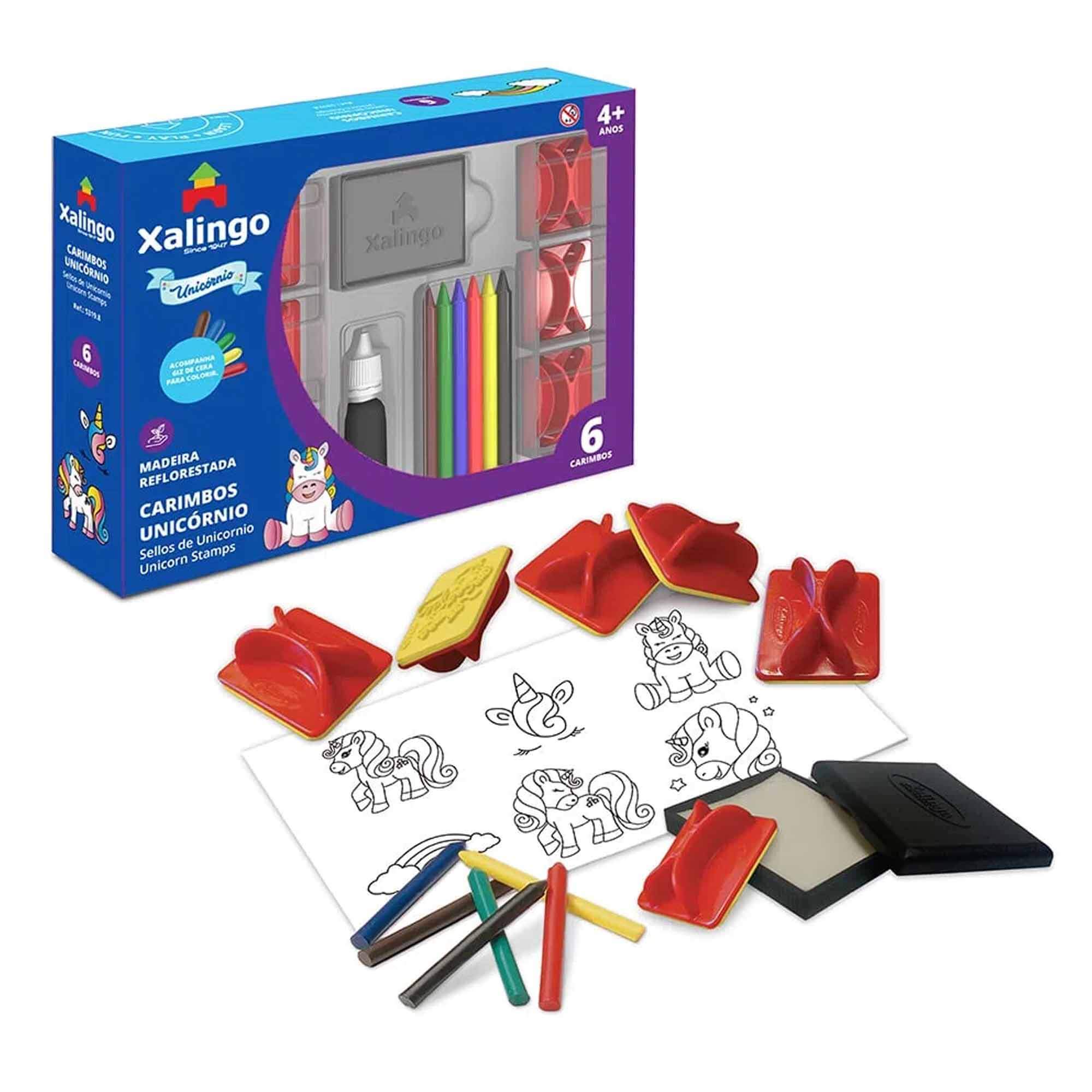 Carimbos Unicórnio c/ 6 Carimbos e Giz de Cera Desenhar Pintar Criatividade Xalingo 5319.8