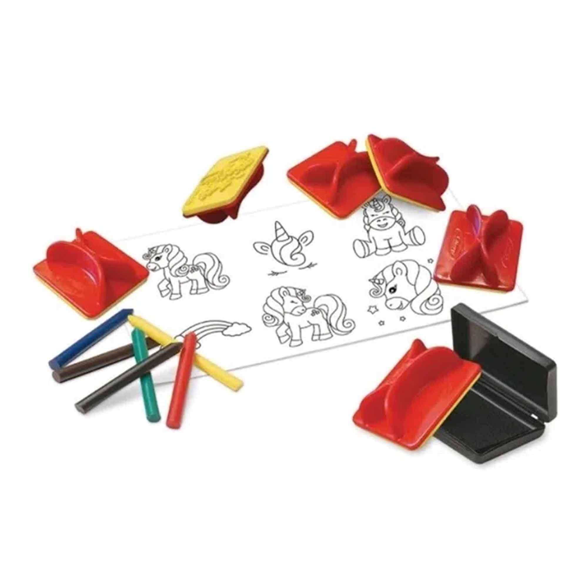Carimbos Unicórnio c/ 6 Carimbos e Giz de Cera Desenhar Pintar Criatividade Xalingo 5319.8