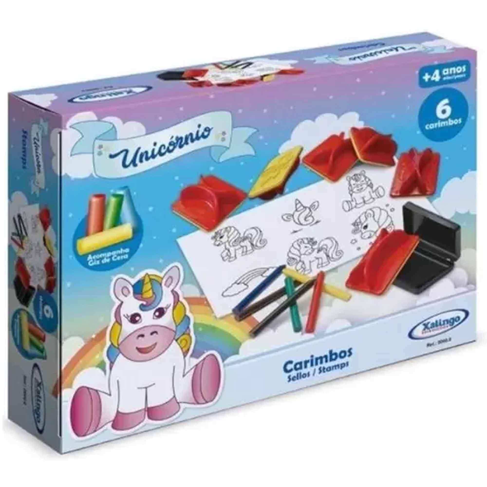Carimbos Unicórnio c/ 6 Carimbos e Giz de Cera Desenhar Pintar Criatividade Xalingo 5319.8
