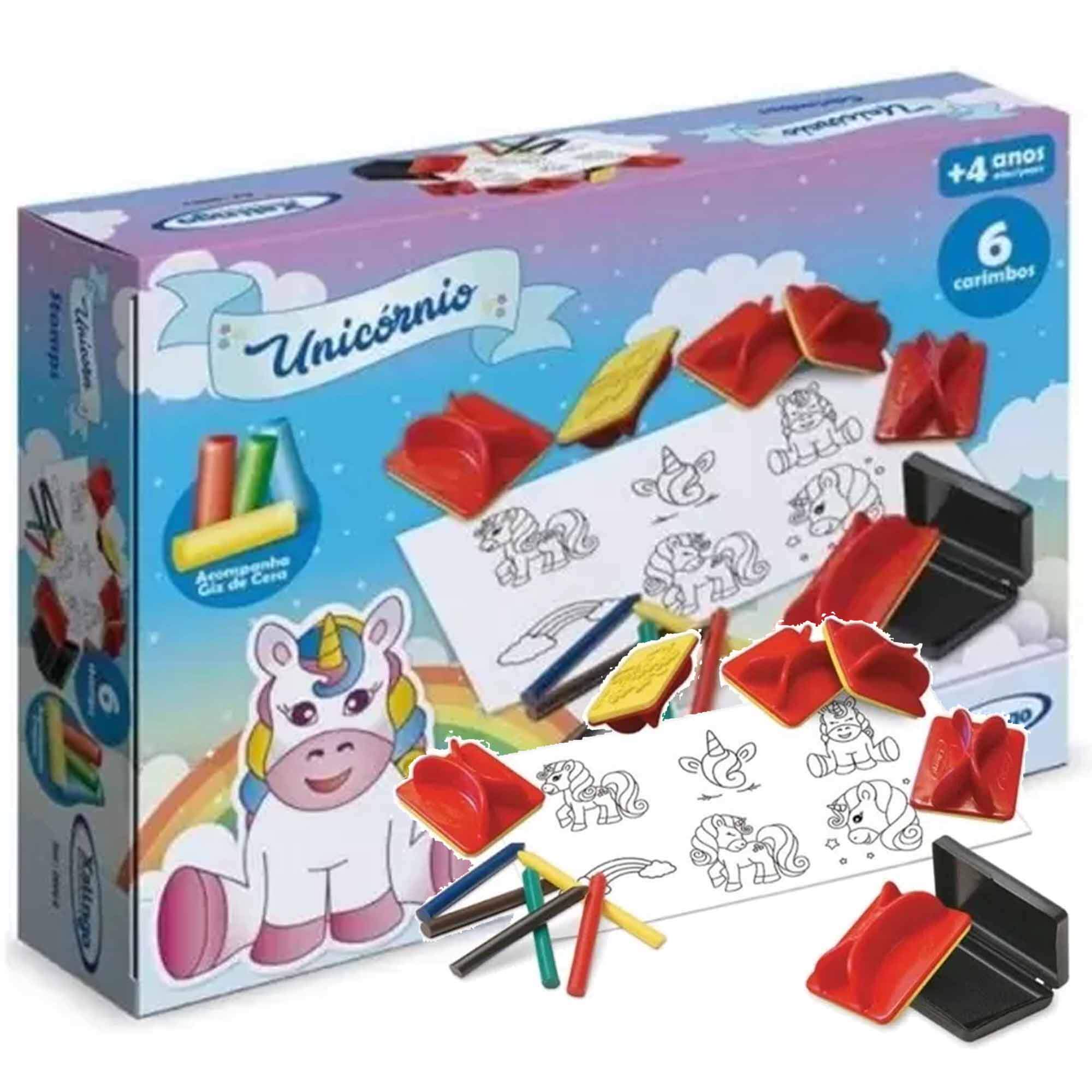 Carimbos Unicórnio c/ 6 Carimbos e Giz de Cera Desenhar Pintar Criatividade Xalingo 5319.8
