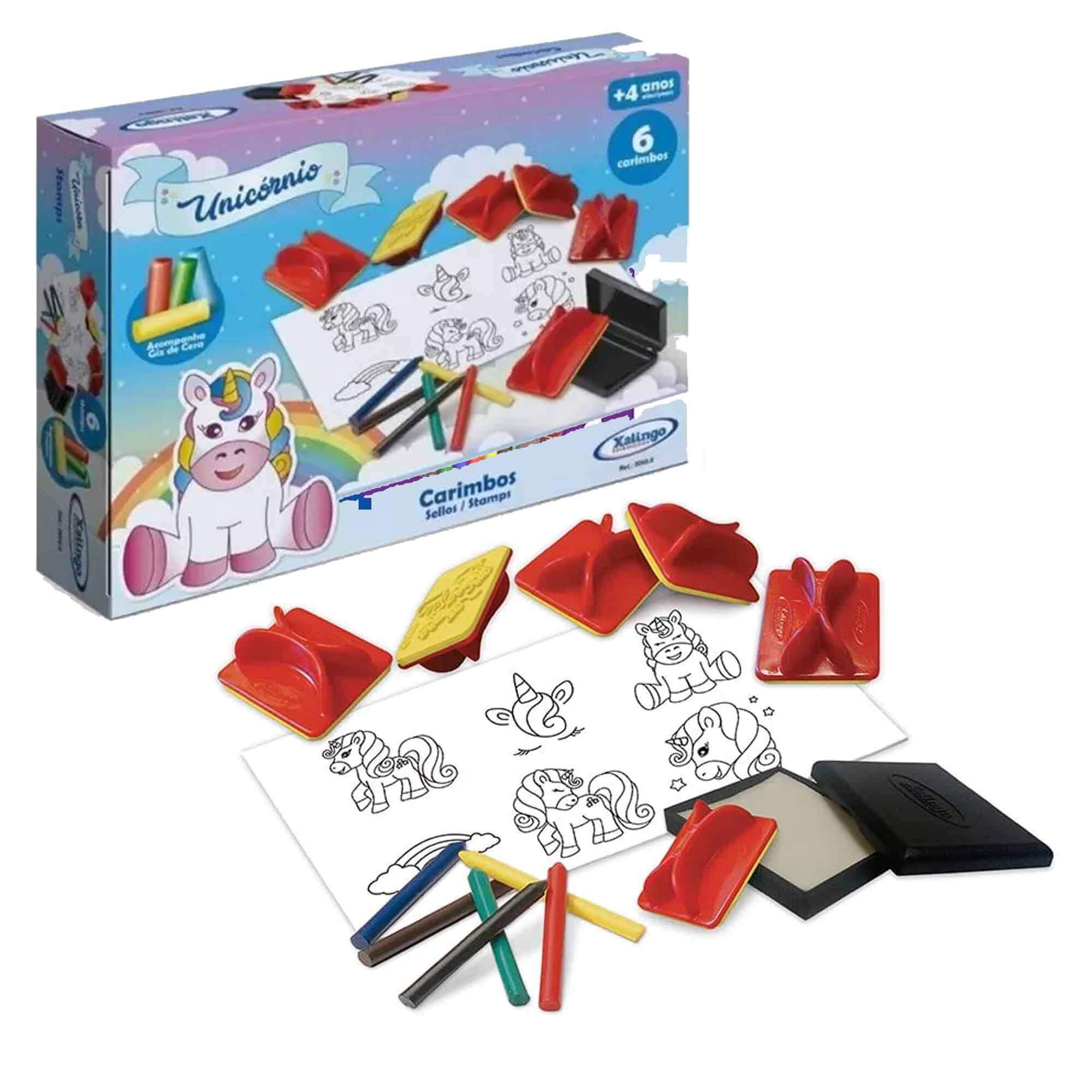 Carimbos Unicórnio c/ 6 Carimbos e Giz de Cera Desenhar Pintar Criatividade Xalingo 5319.8
