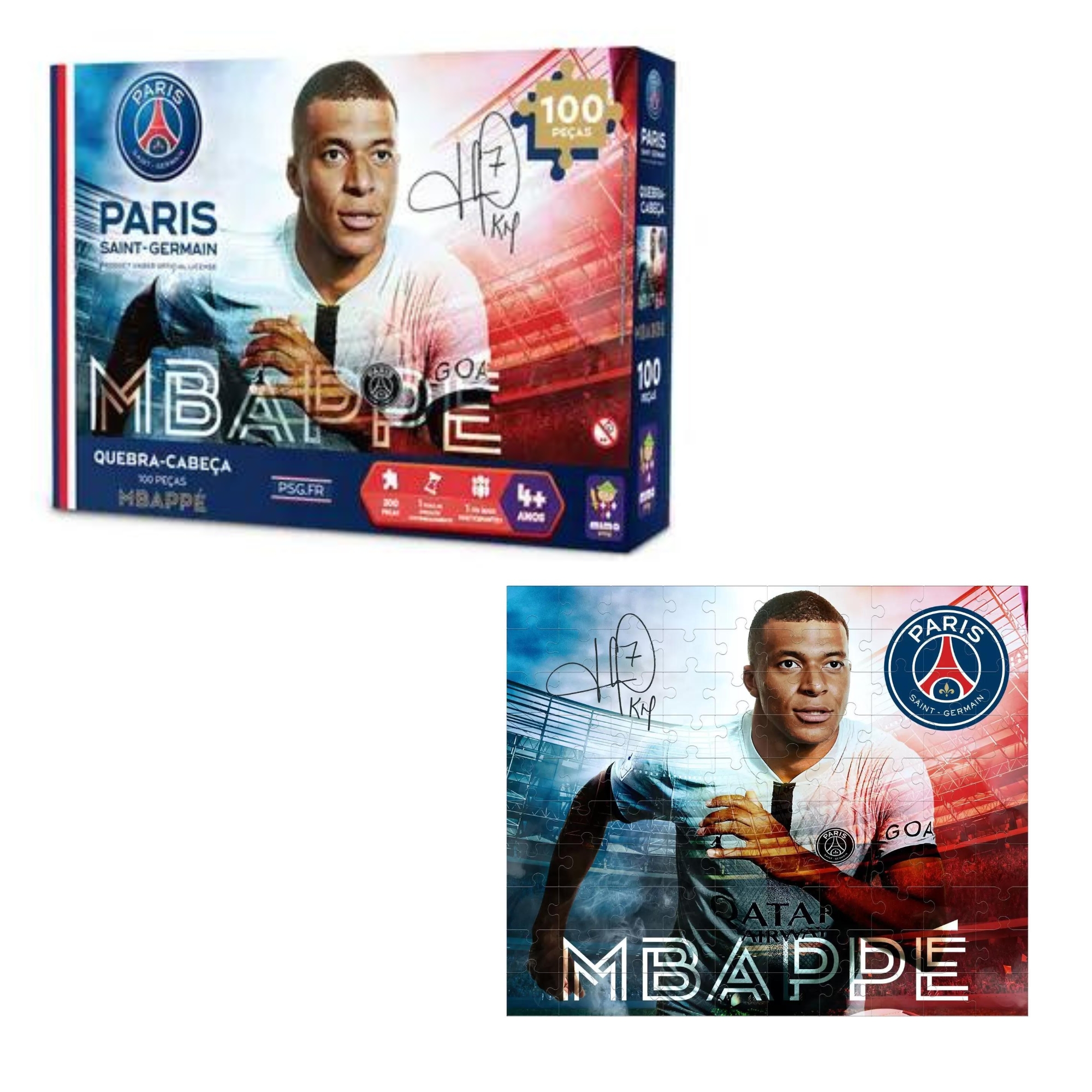 Quebra-Cabeça Mbappe 100 Peças Puzzle, Desafie-se e Monte Coleção PSG Mimo Toys - 2307