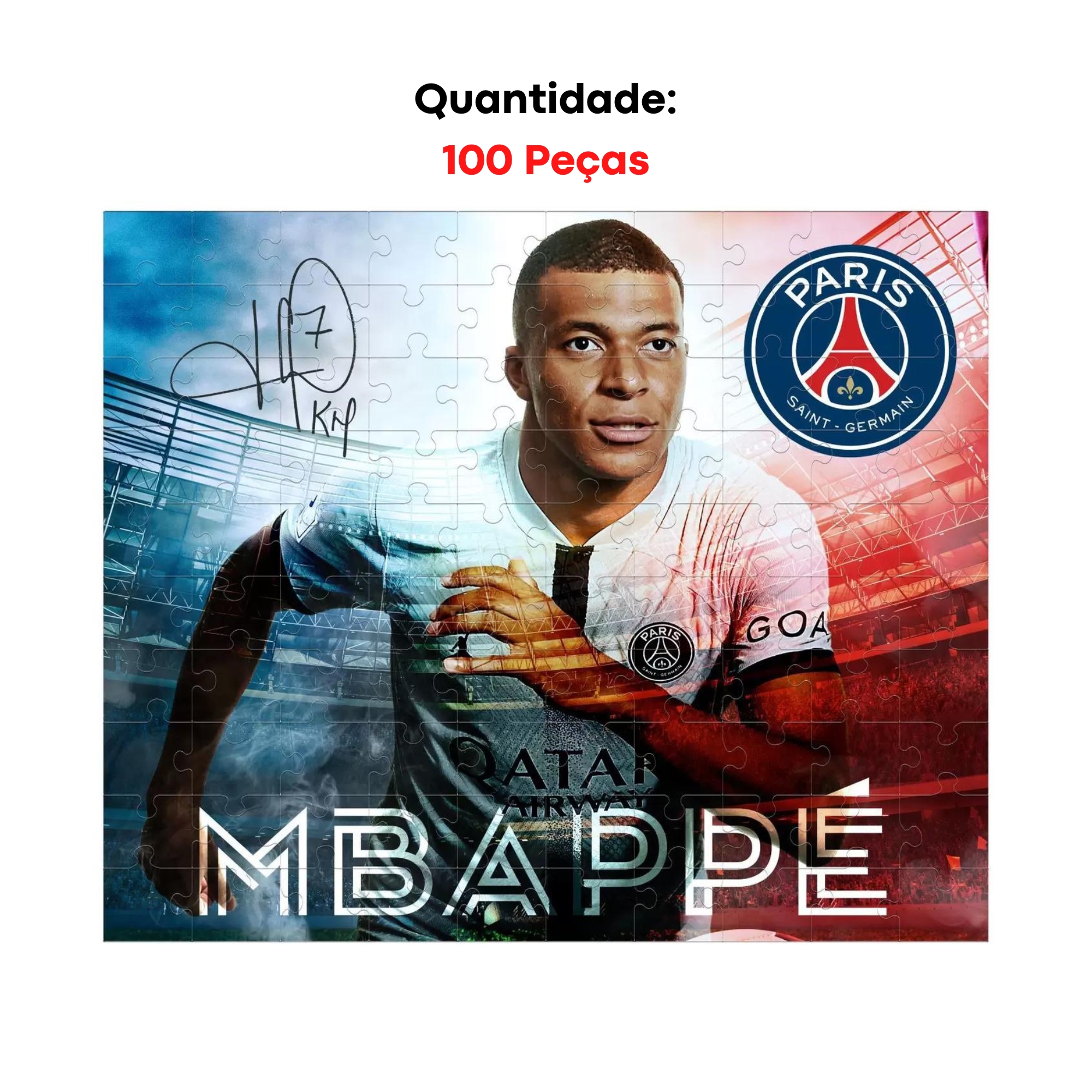Quebra-Cabeça Mbappe 100 Peças Puzzle, Desafie-se e Monte Coleção PSG Mimo Toys - 2307