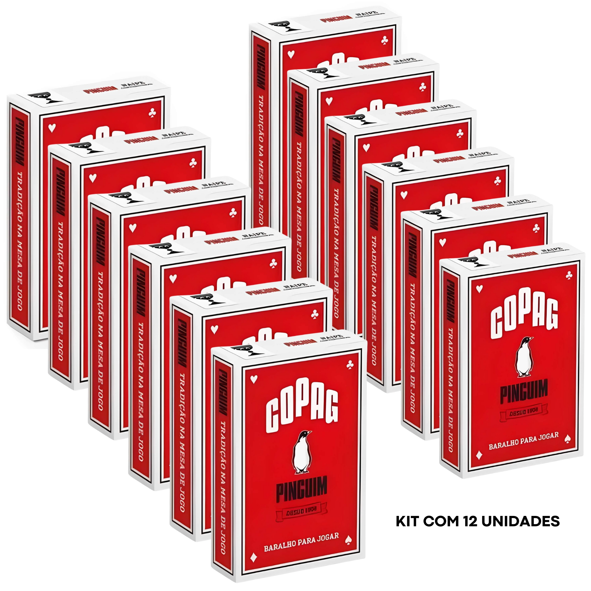 Kit 12 Unidades Baralho Jogo de Cartas Pinguim Vermelho 54 cartas Copag - 30144
