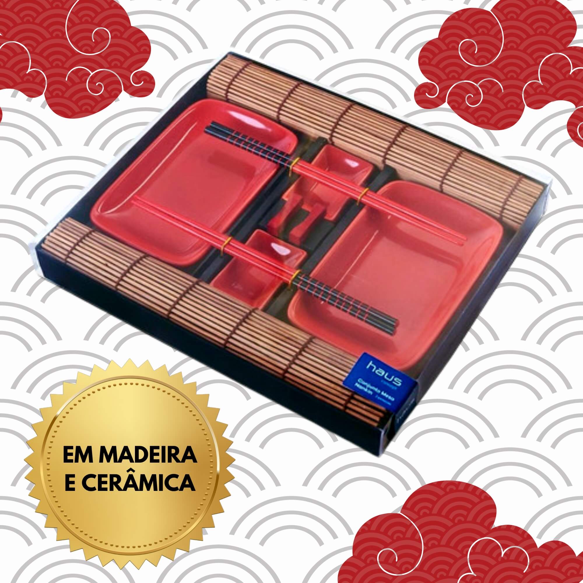 Conjunto Comida Oriental Sushi Hashi 2 Pessoas Madeira + Porcelana Nankin 10 Peças Brinox 57203/102