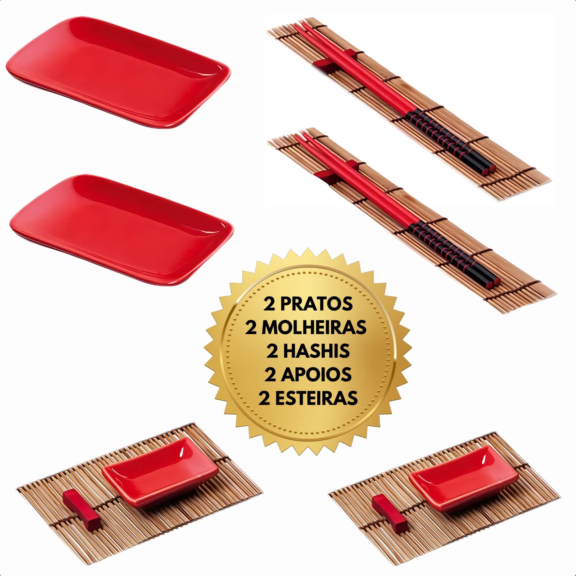 Conjunto Comida Oriental Sushi Hashi 2 Pessoas Madeira + Porcelana Nankin 10 Peças Brinox 57203/102