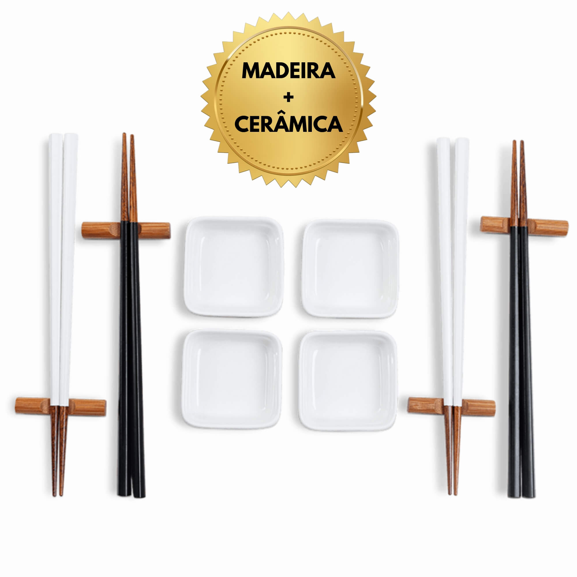 Kit Conjunto Comida Oriental Japonesa Sushi 4 Pessoas Madeira + Porcelana Nankin Brinox - 57201/600
