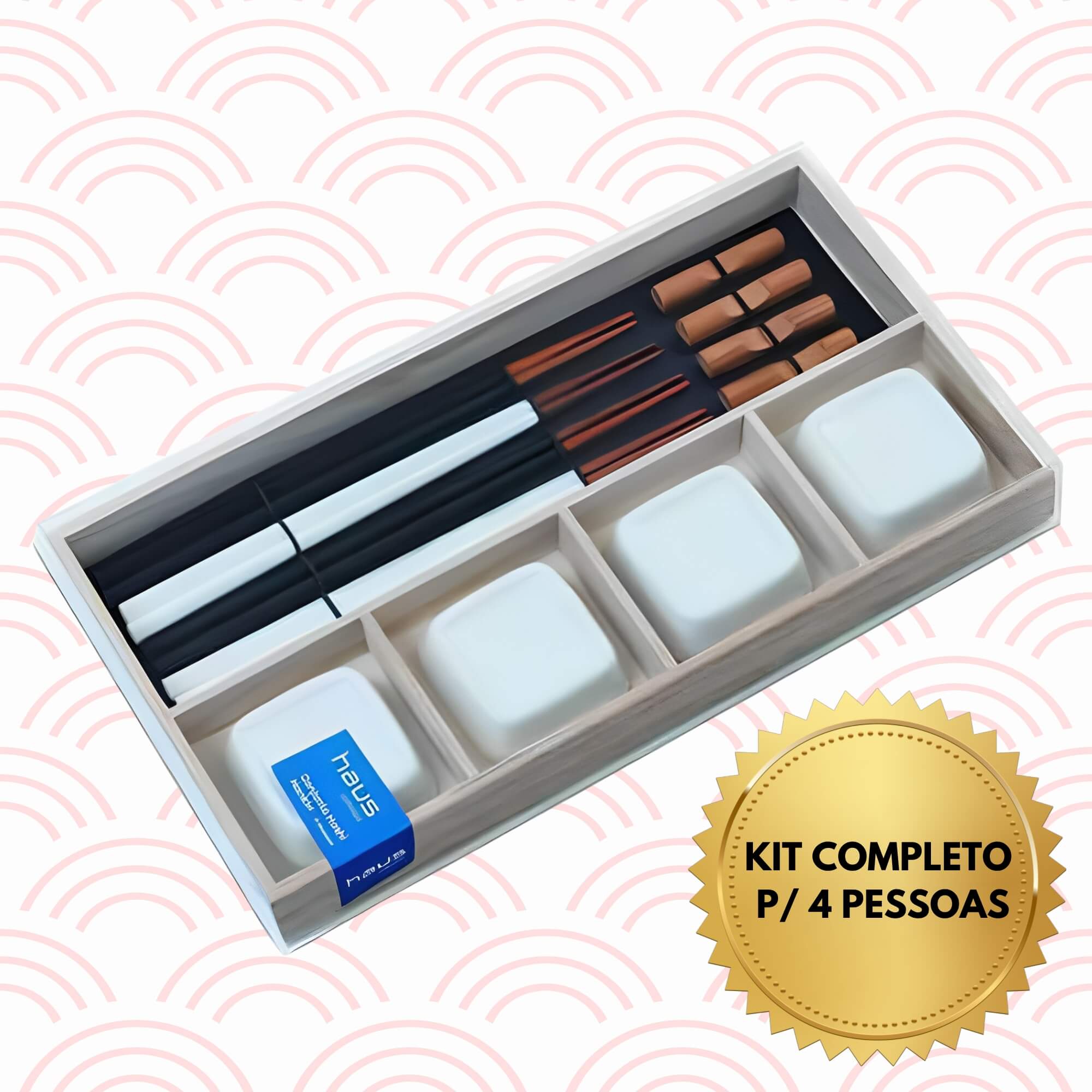 Kit Conjunto Comida Oriental Japonesa Sushi 4 Pessoas Madeira + Porcelana Nankin Brinox - 57201/600