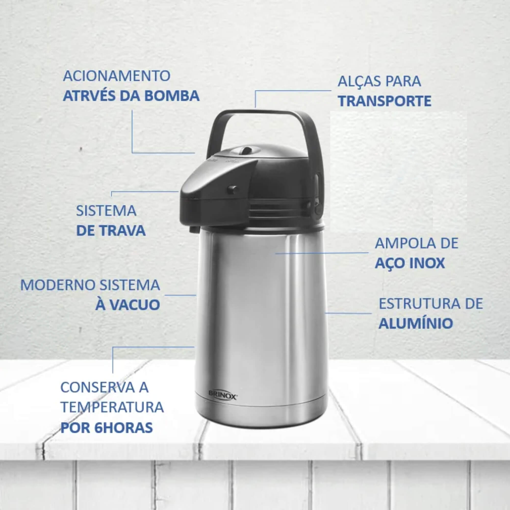 Garrafa Térmica de Aço Inox com Sistema a Vácuo Duração de 6 horas 1,3L Brinox 1388/100