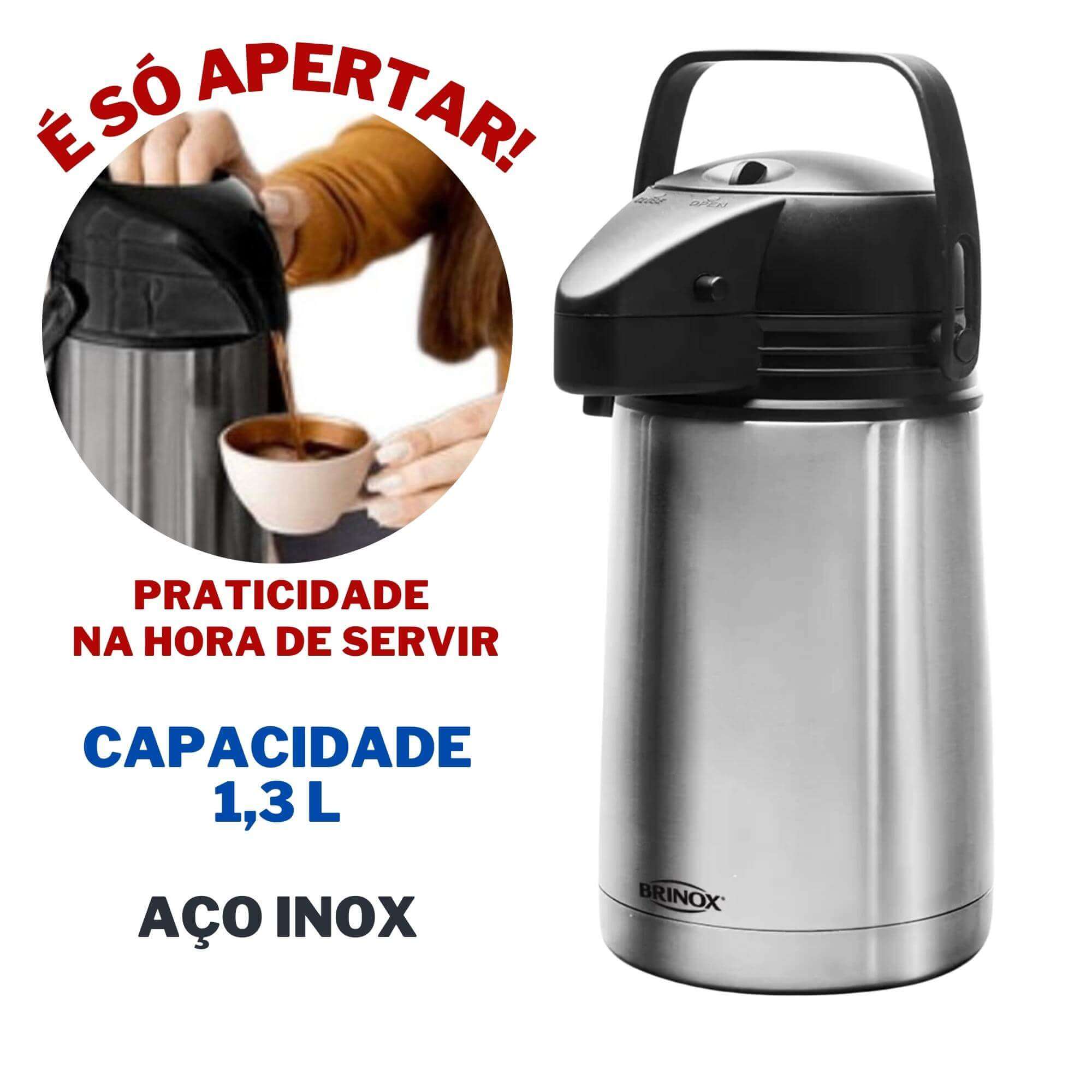 Garrafa Térmica de Aço Inox com Sistema a Vácuo Duração de 6 horas 1,3L Brinox 1388/100