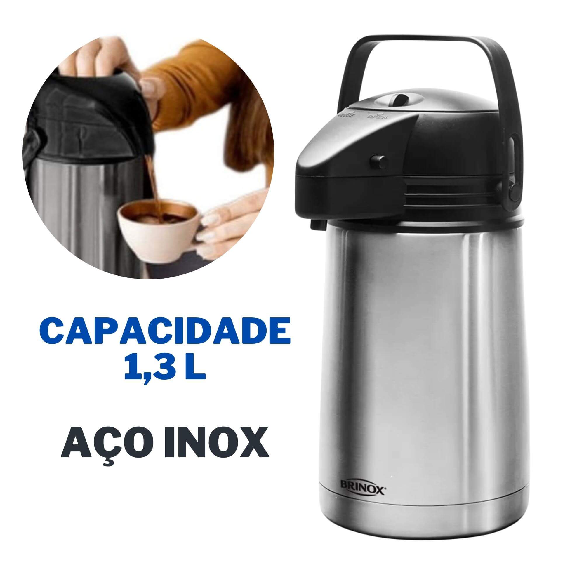 Garrafa Térmica de Aço Inox com Sistema a Vácuo Duração de 6 horas 1,3L Brinox 1388/100