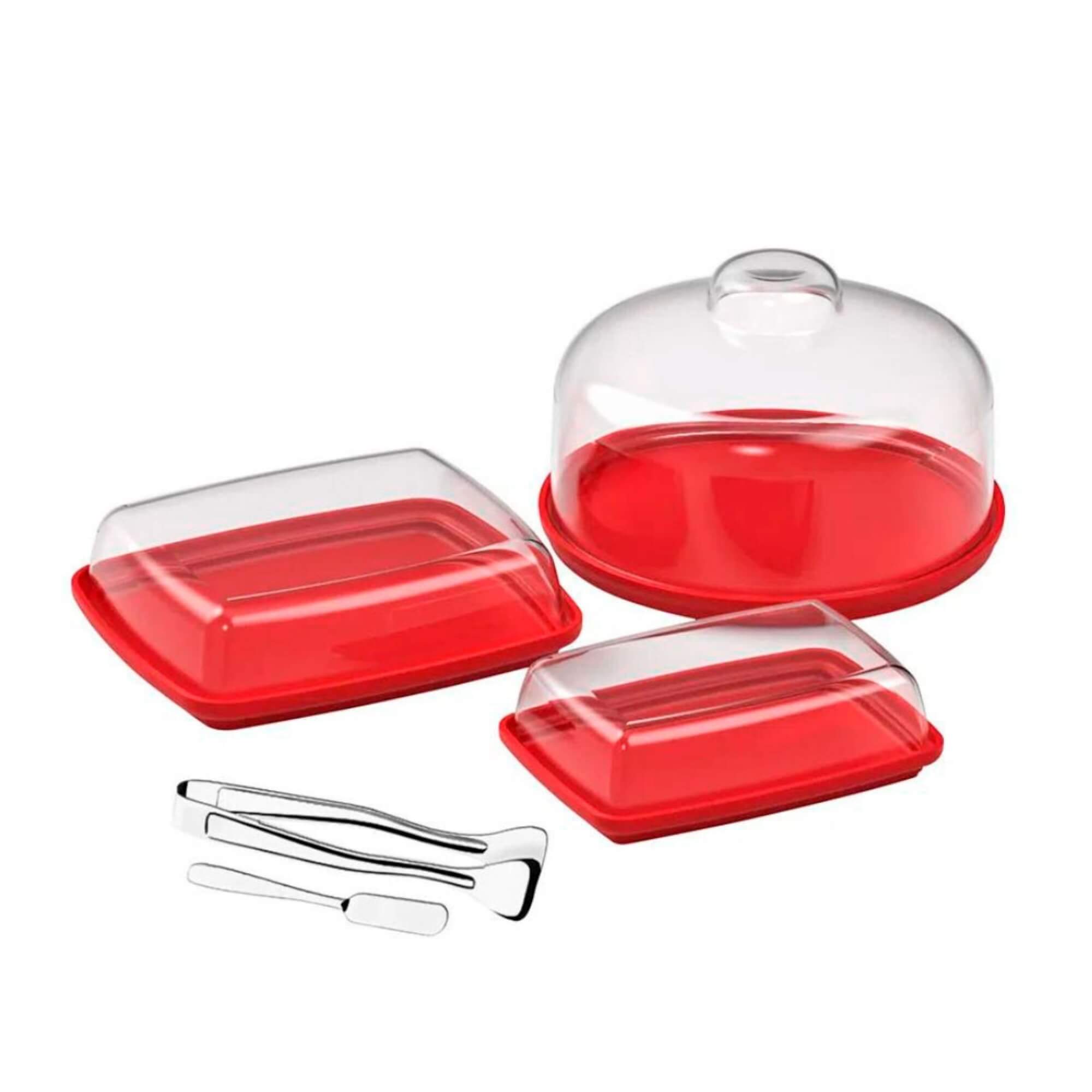 Kit café em casa 5 PÇS Boleira Porta-frios Manteigueira Pegador Faca Vermellho Brinox 99387/4465