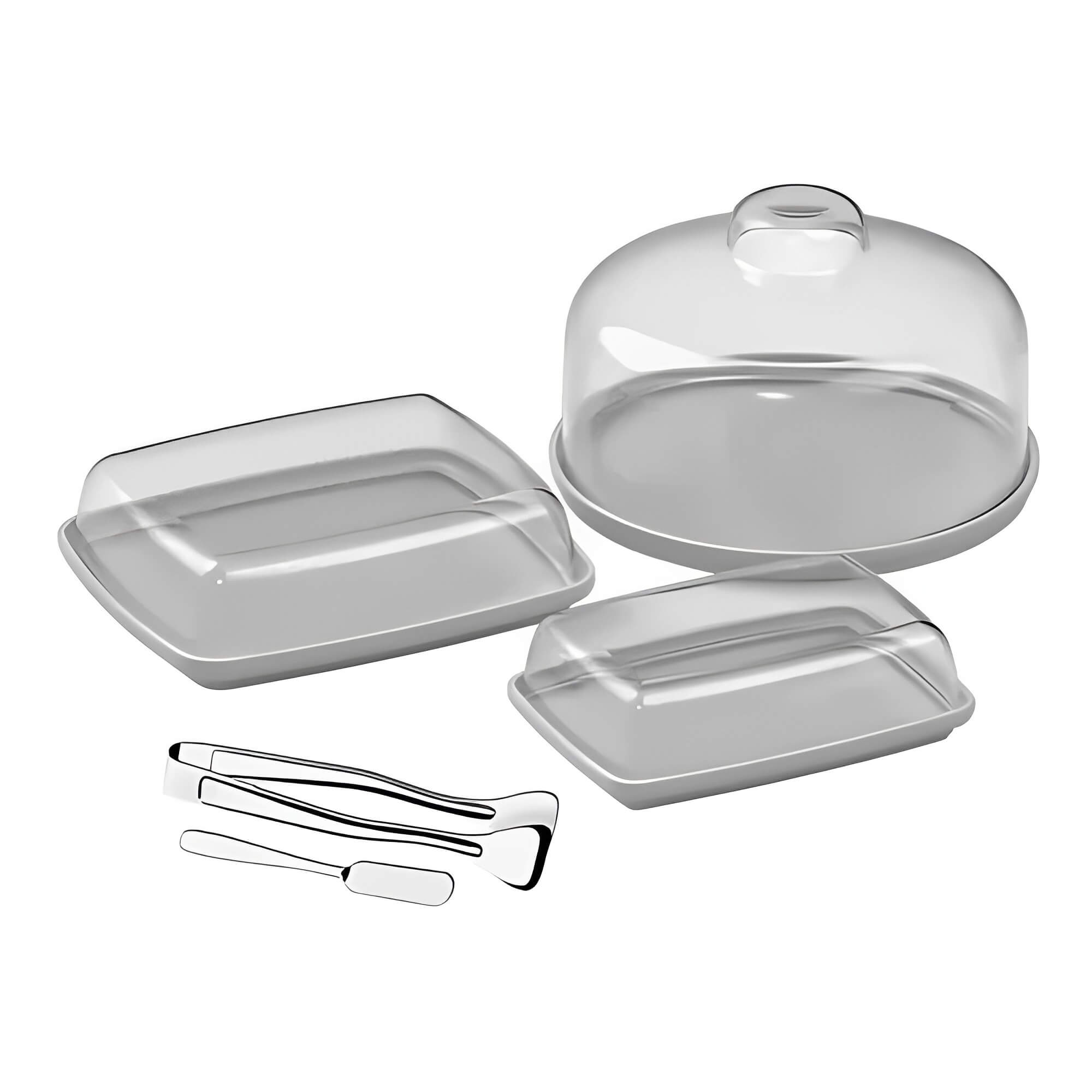 Kit café em casa 5 pçs Boleira Porta-frios Manteigueira Pegador Faca Cinza frio Brinox 99387/4499