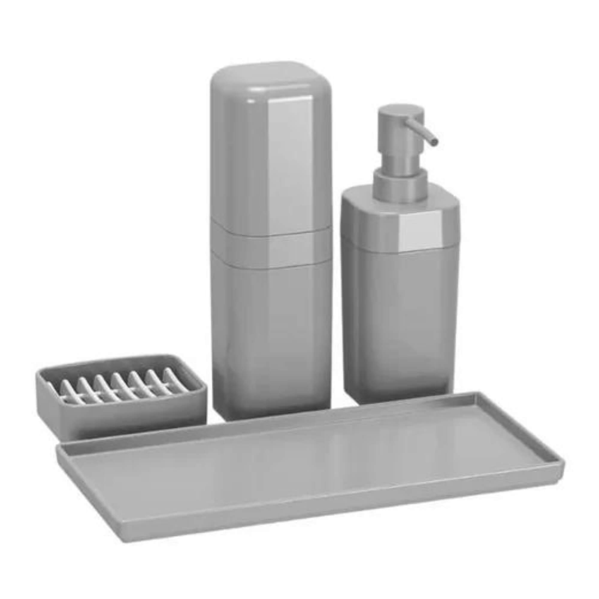 Kit Banheiro 4 pçs Porta escova com tampa dispenser + Saboneteira + Bandeja Coza - 99386/4499
