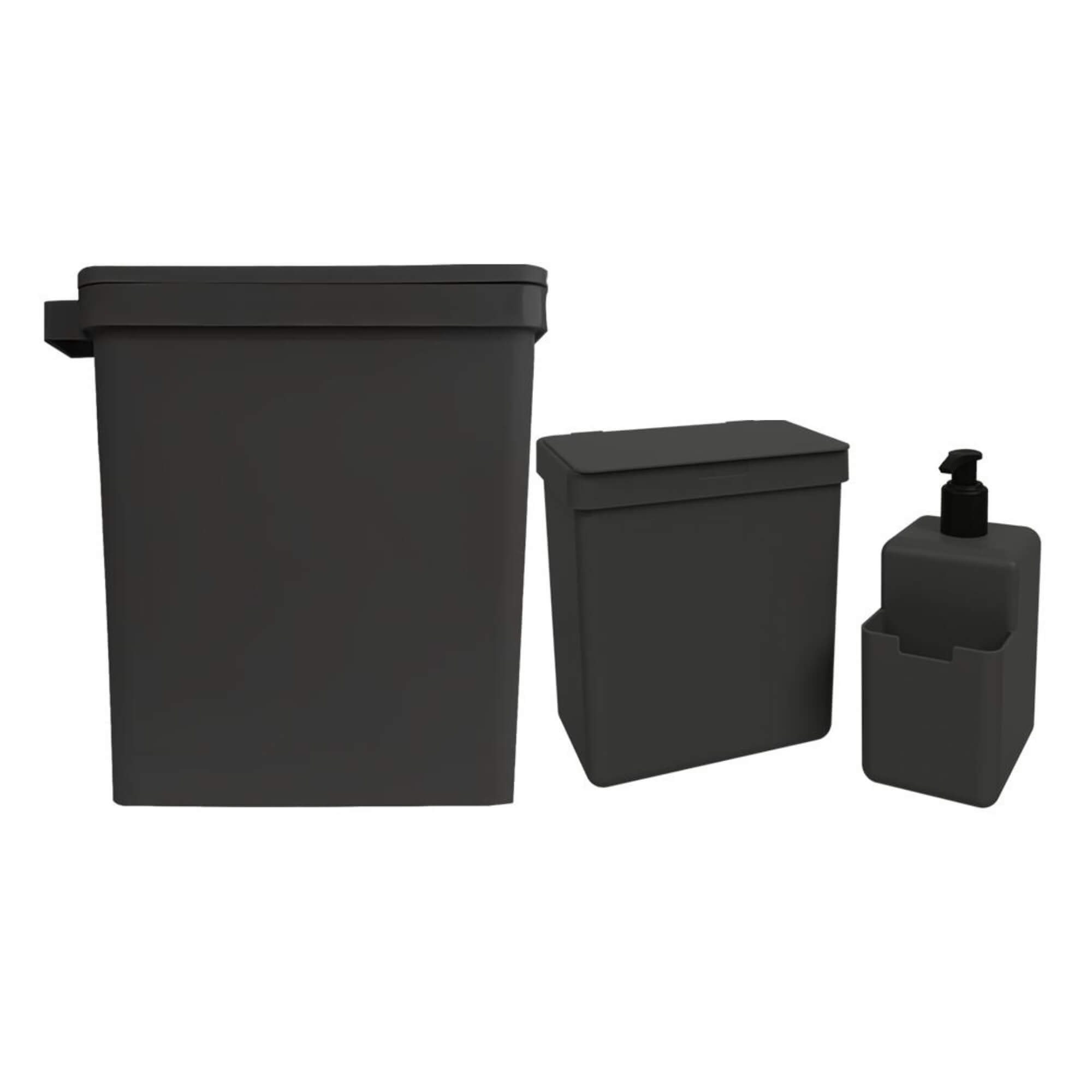Conjunto de Cozinha Lixeira de Pia 2,5L Lixeira 15L Dispenser 500ml Preto Brinox Coza 99394/4008