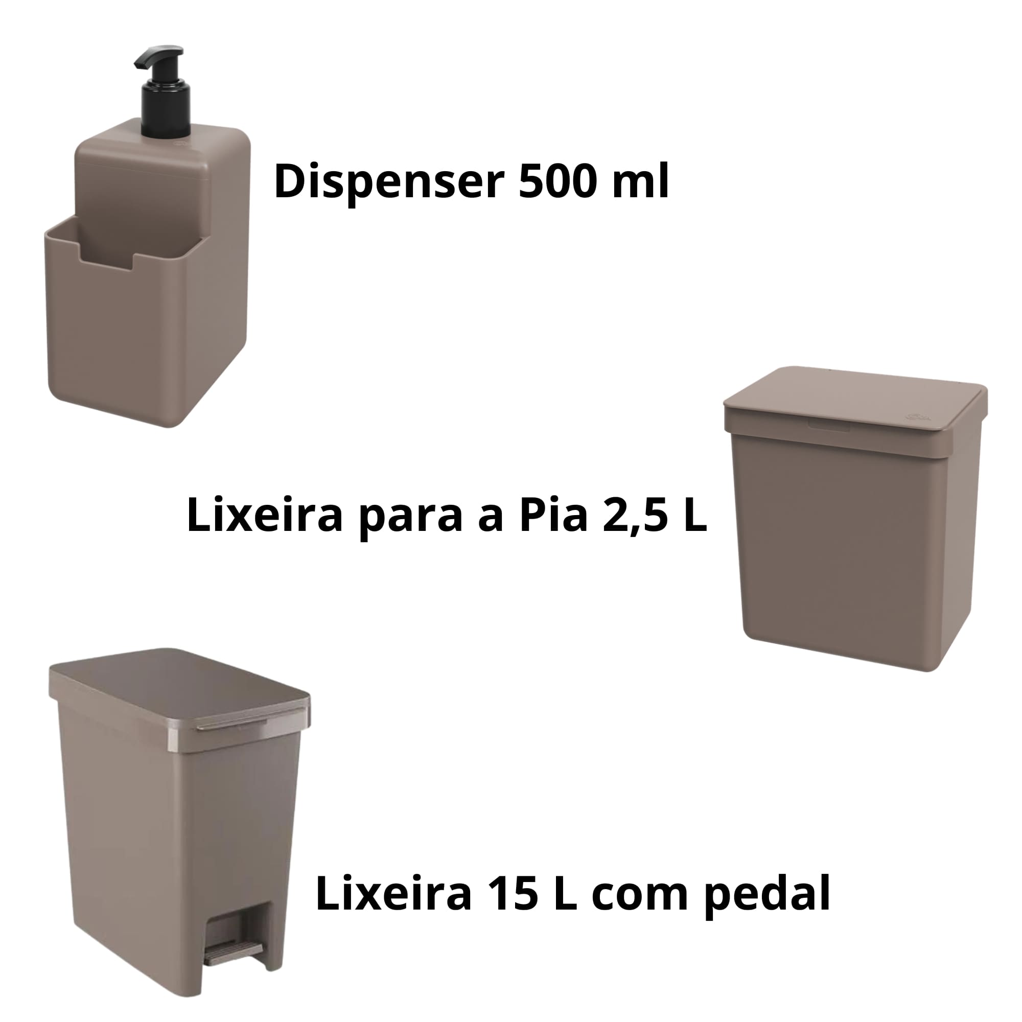 Kit Single Cozinha 3 Peças Dispenser Lixeira de Pia Pedal Warm Gray Single Coza Brinox - 99394/4126