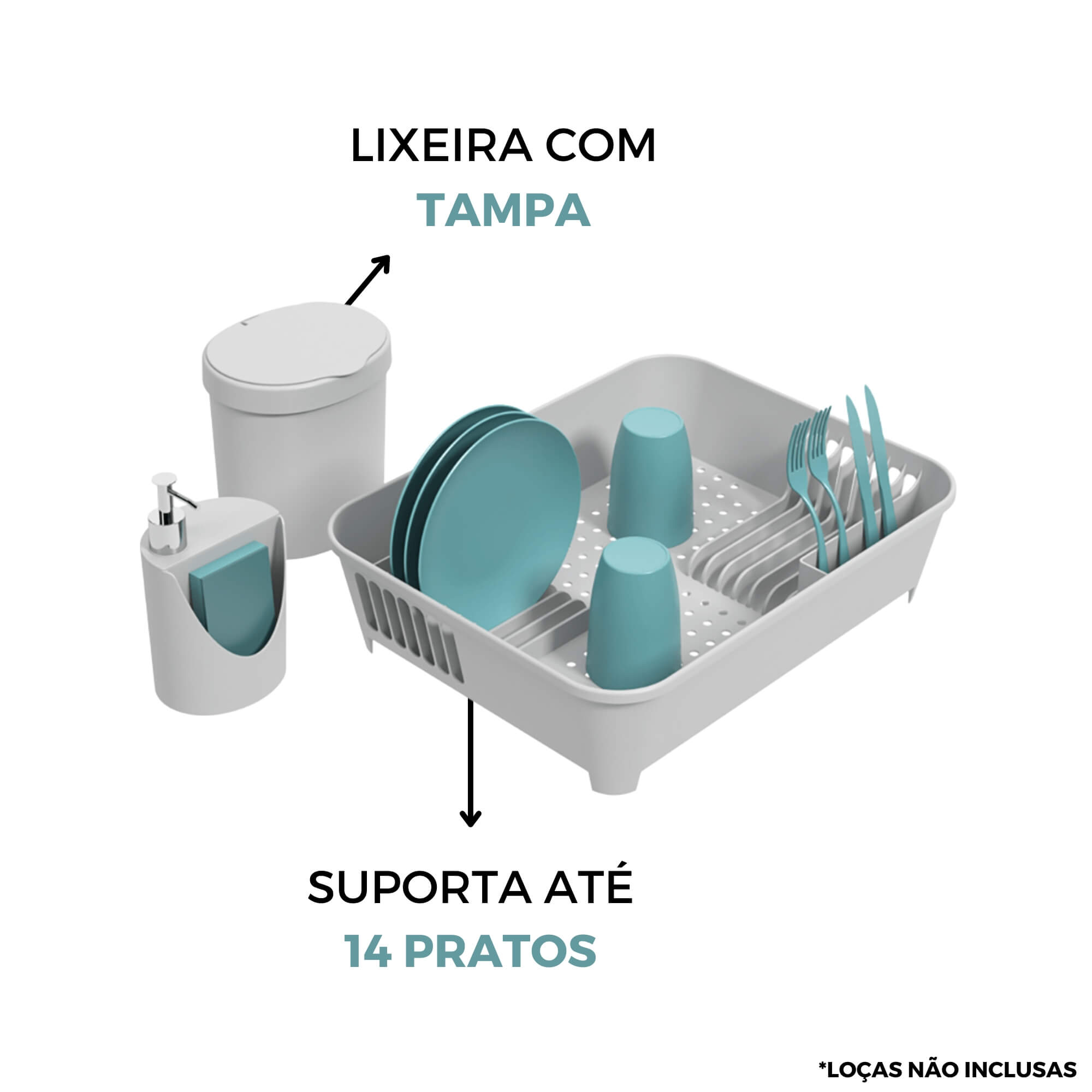 Kit Pia Coza 3 pçs Escorredor de Louças 14 pratos Lixeira Tampa 2,5L Dispenser Brinox 99326/1499
