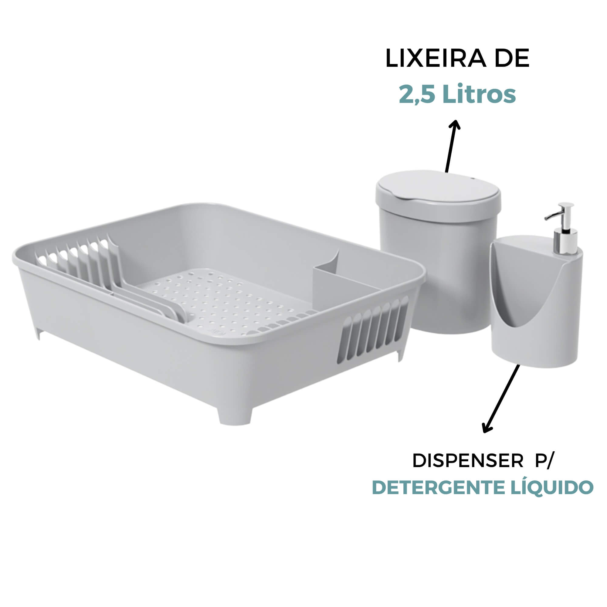 Kit Pia Coza 3 pçs Escorredor de Louças 14 pratos Lixeira Tampa 2,5L Dispenser Brinox 99326/1499