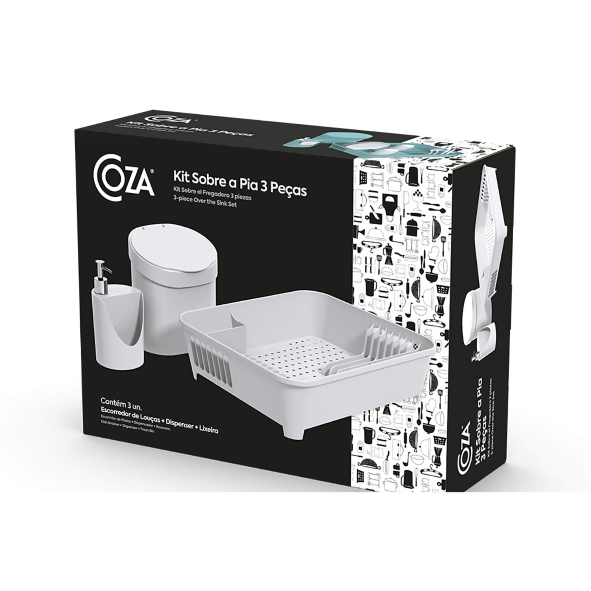 Kit Pia Coza 3 pçs Escorredor de Louças 14 pratos Lixeira Tampa 2,5L Dispenser Brinox 99326/1499