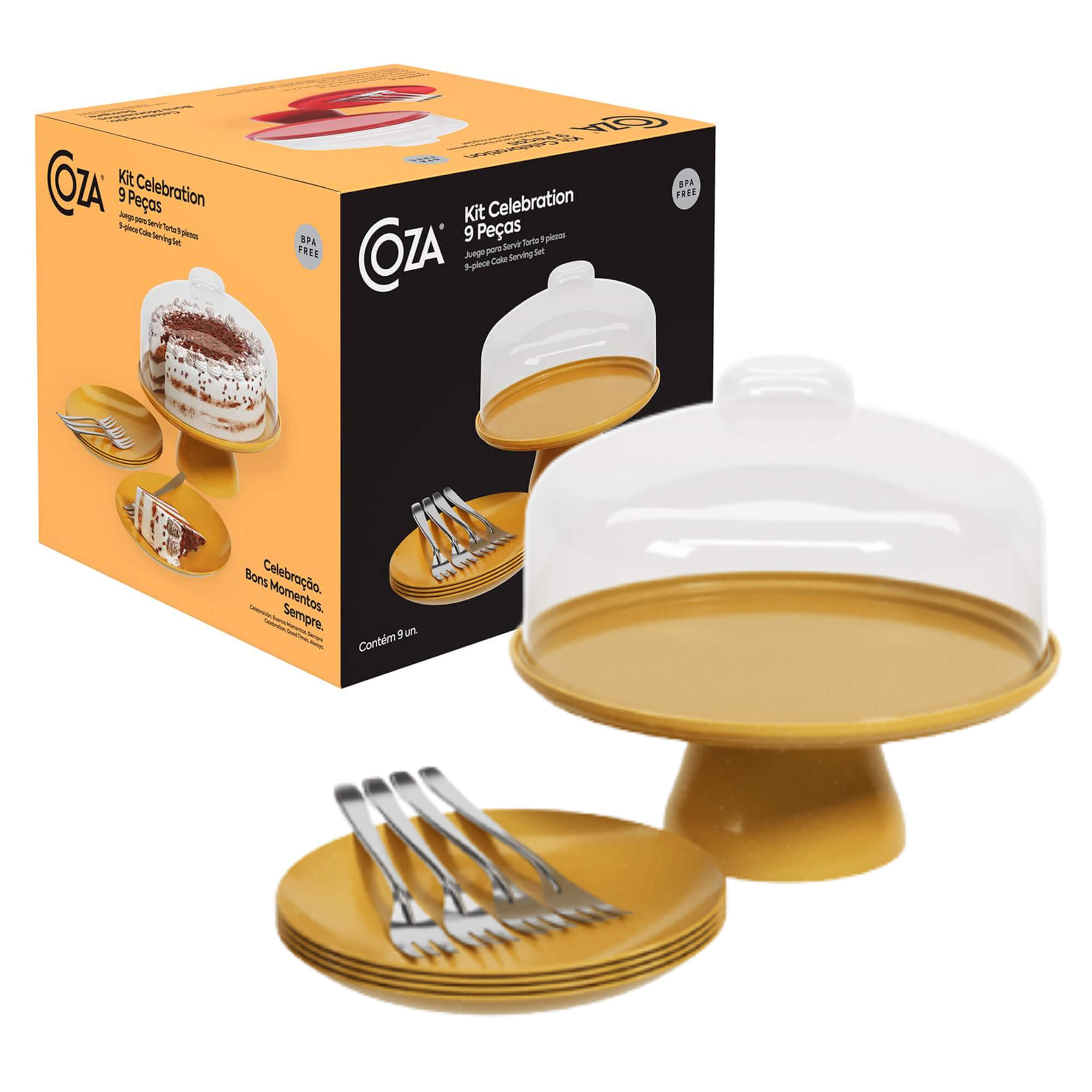 Kit Celebration Coza 1 Boleira com Pedestal 4 Pratos e 4 Garfos Dourado Glitter Brinox - 99327/1506