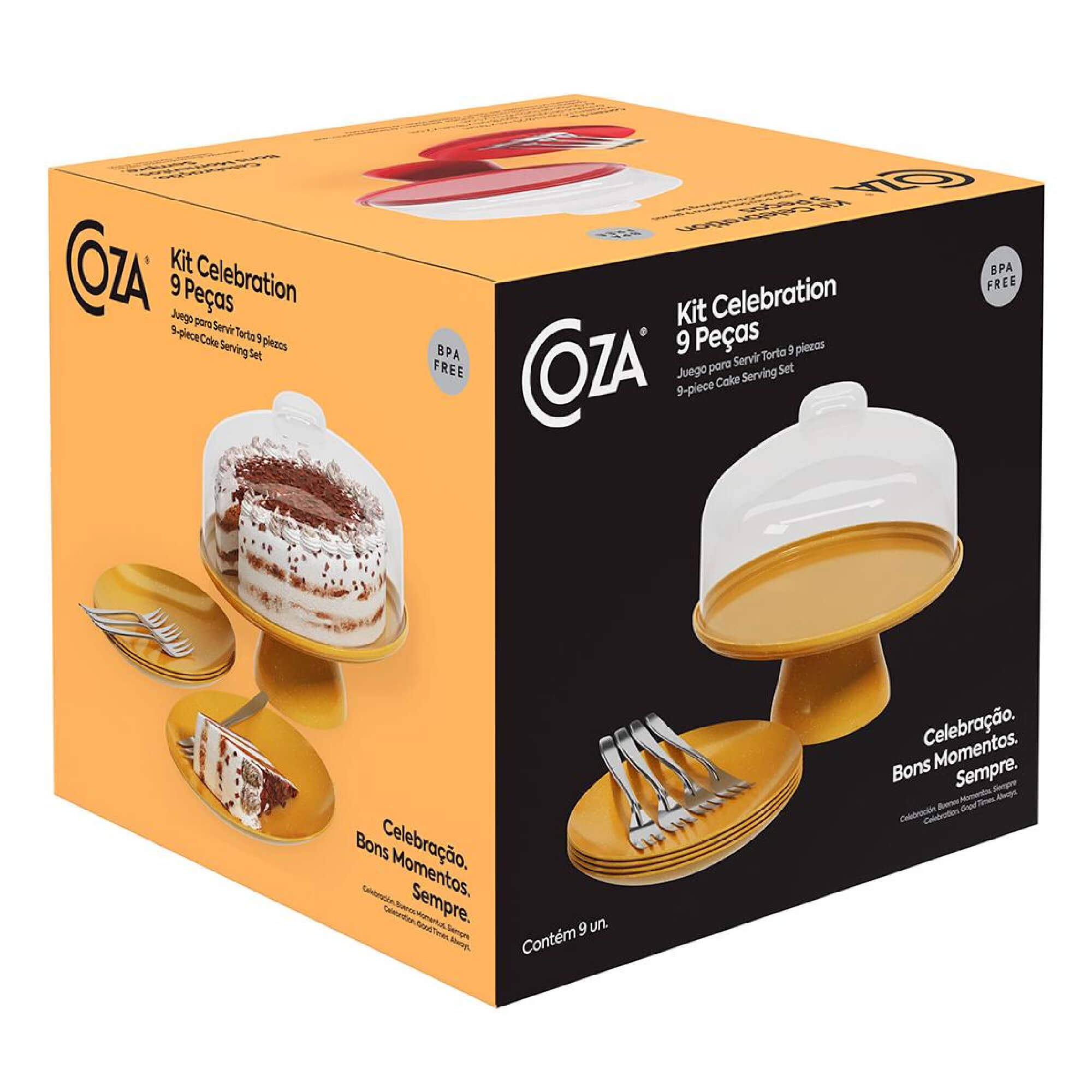 Kit Celebration Coza 1 Boleira com Pedestal 4 Pratos e 4 Garfos Dourado Glitter Brinox - 99327/1506
