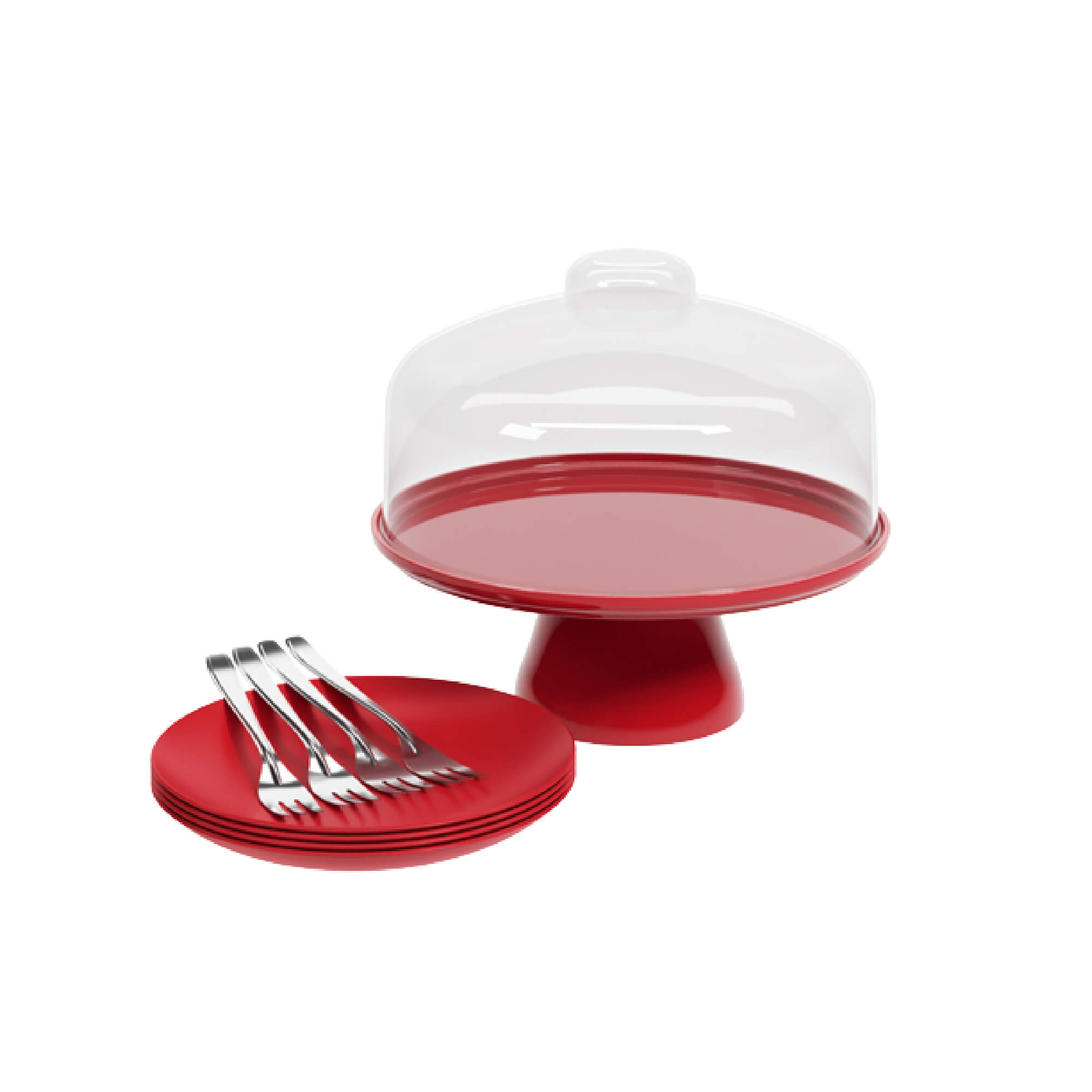 Kit Celebration Coza 1 Boleira com Pedestal + 4 Pratos + 4 Garfos Vermelho Brinox - 99327/1465
