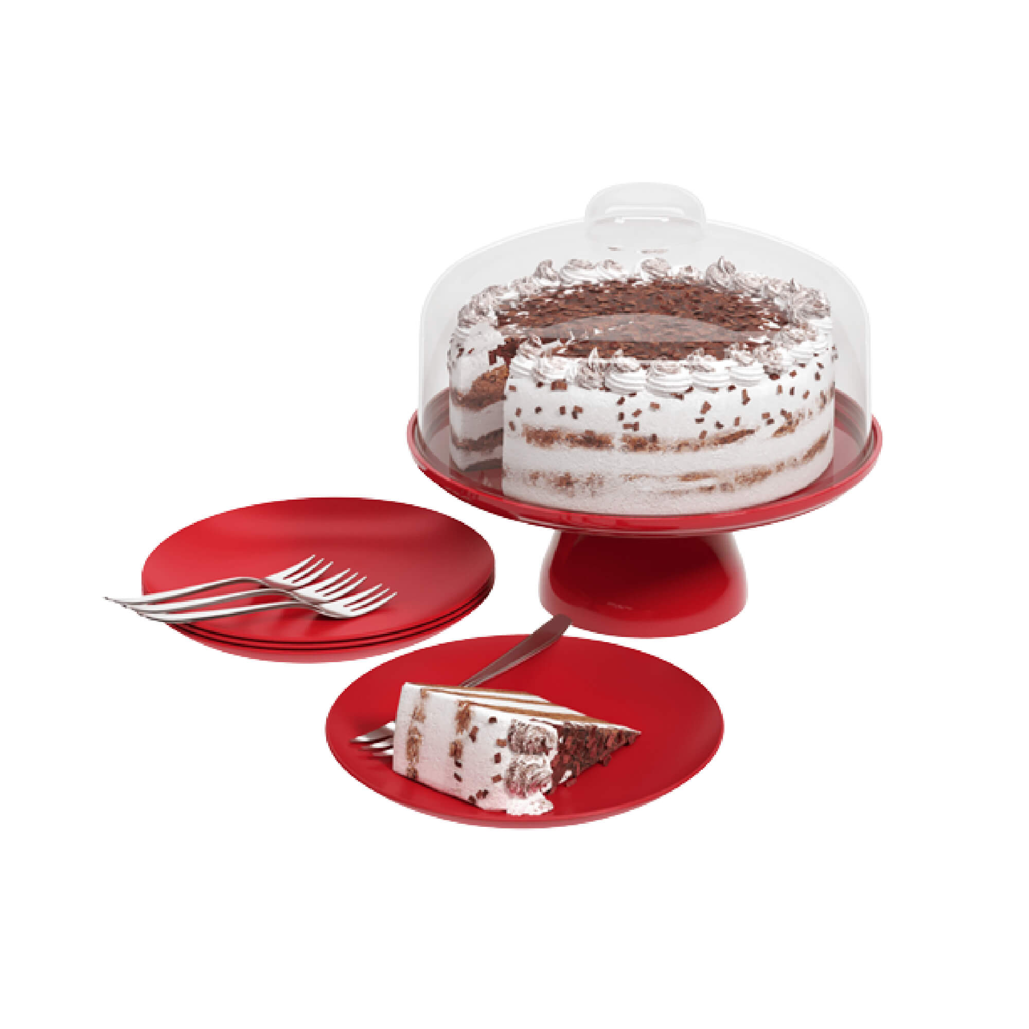 Kit Celebration Coza 1 Boleira com Pedestal + 4 Pratos + 4 Garfos Vermelho Brinox - 99327/1465