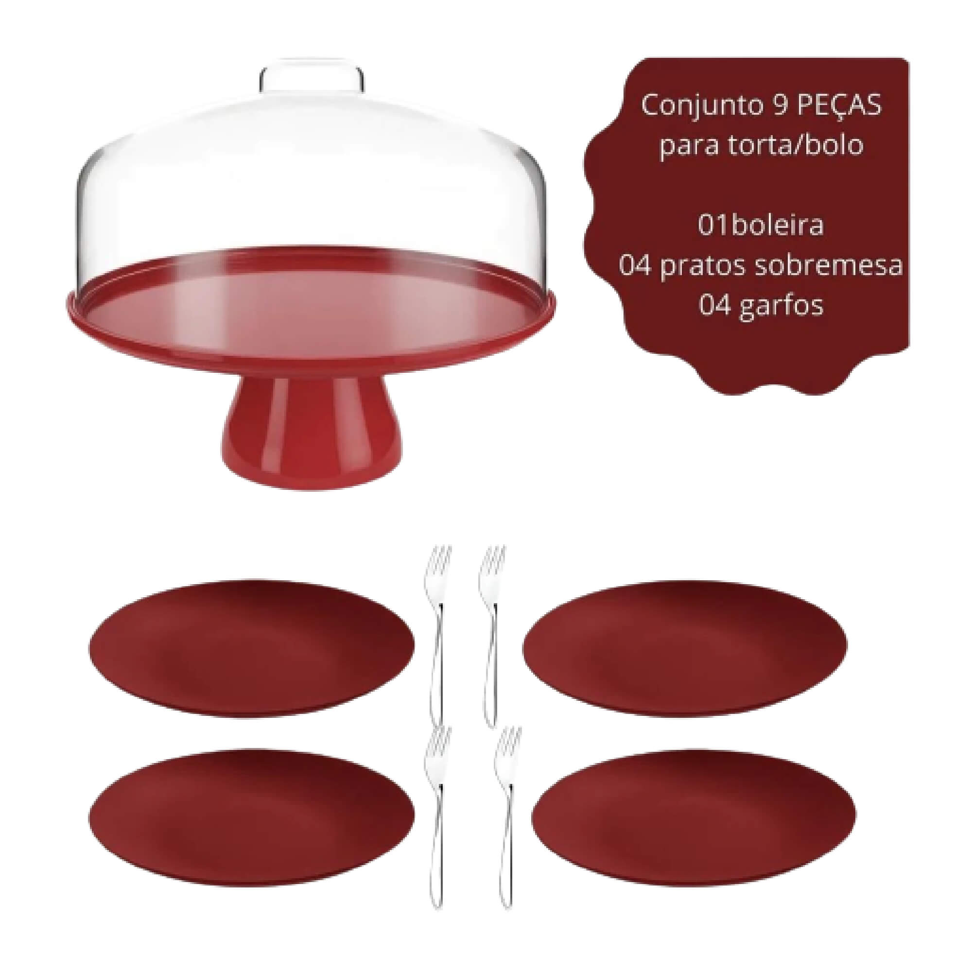 Kit Celebration Coza 1 Boleira com Pedestal + 4 Pratos + 4 Garfos Vermelho Brinox - 99327/1465