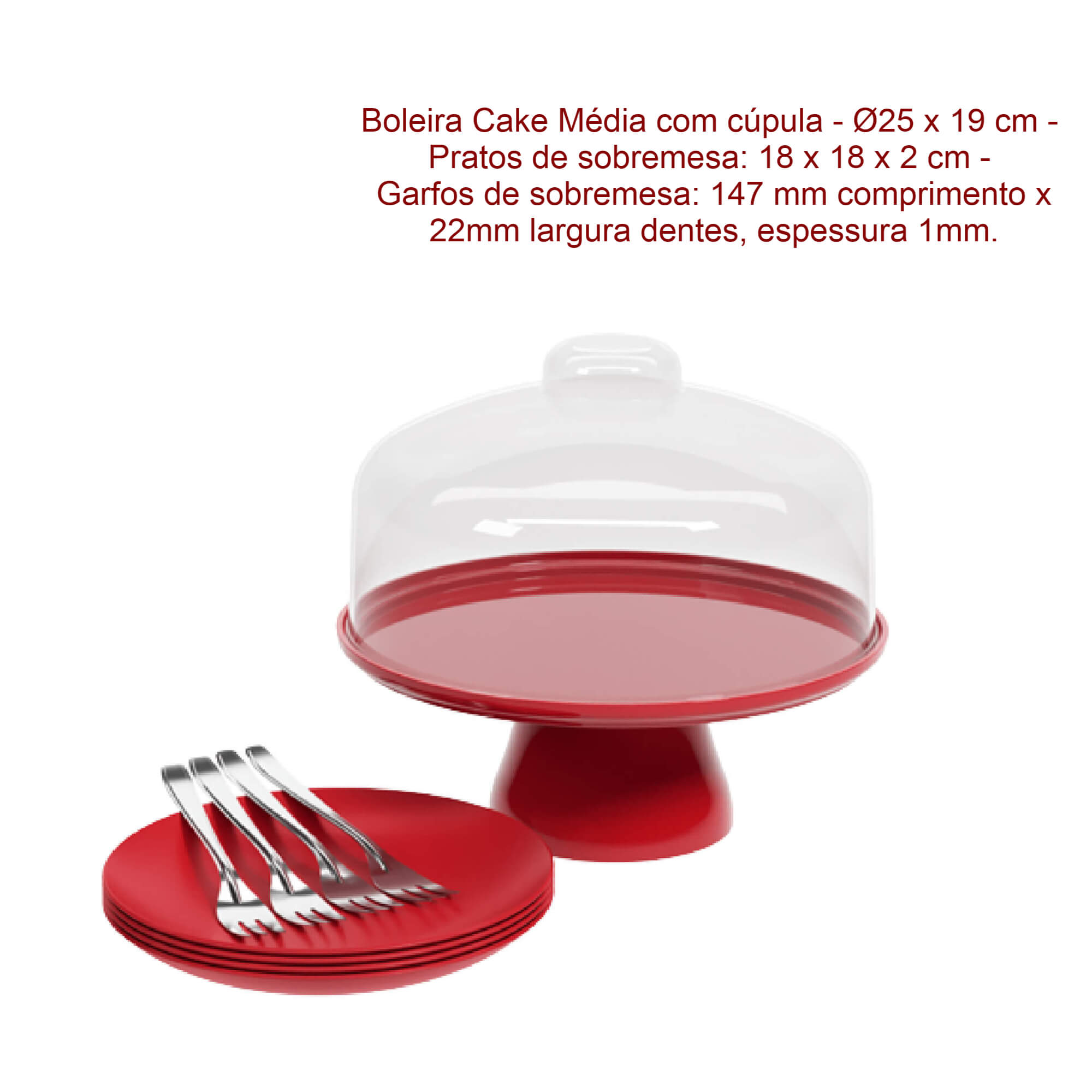 Kit Celebration Coza 1 Boleira com Pedestal + 4 Pratos + 4 Garfos Vermelho Brinox - 99327/1465