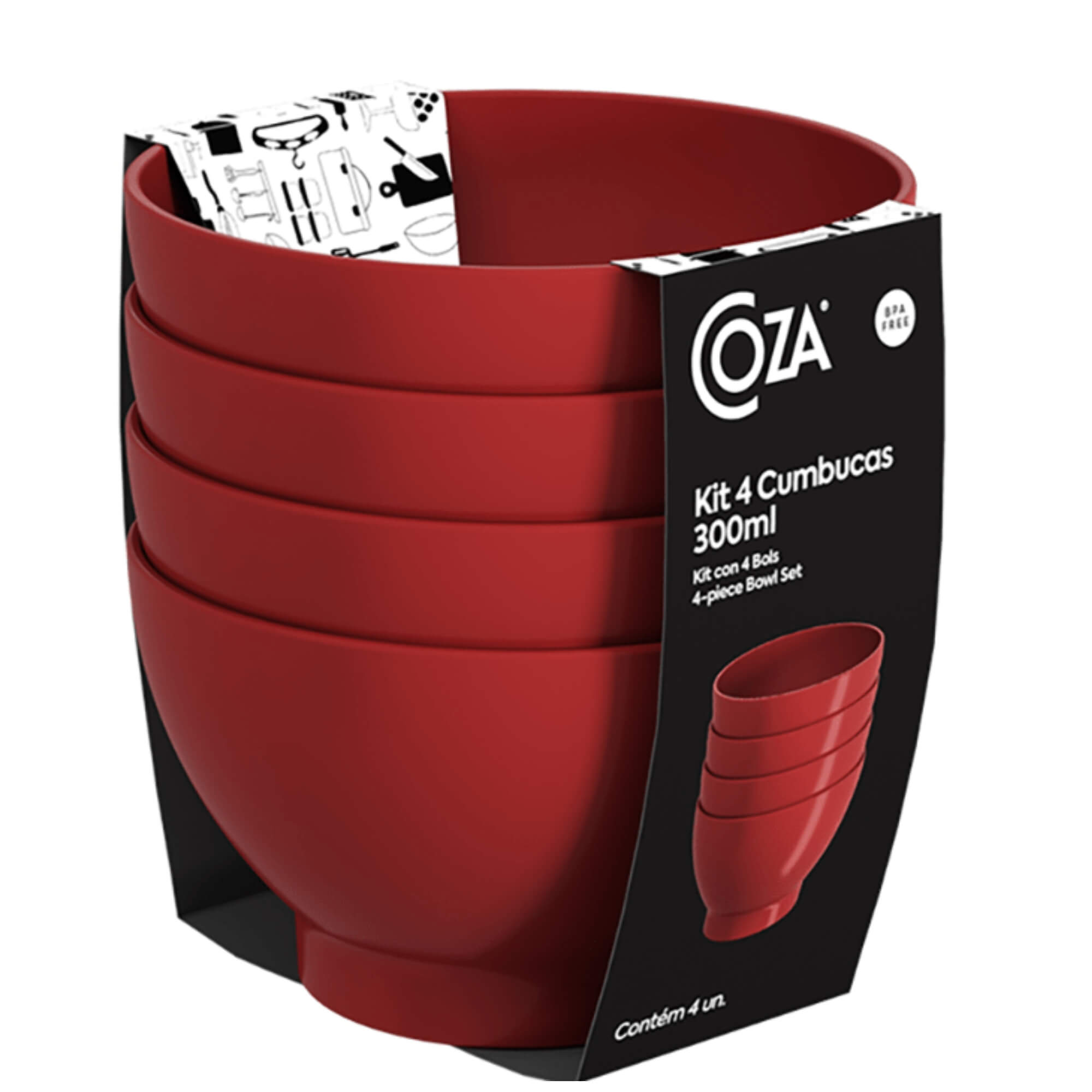 Kit 4 Cumbucas 300ml Vermelho Plástico Coza Pote petiscos resistente Brinox 10117/8465