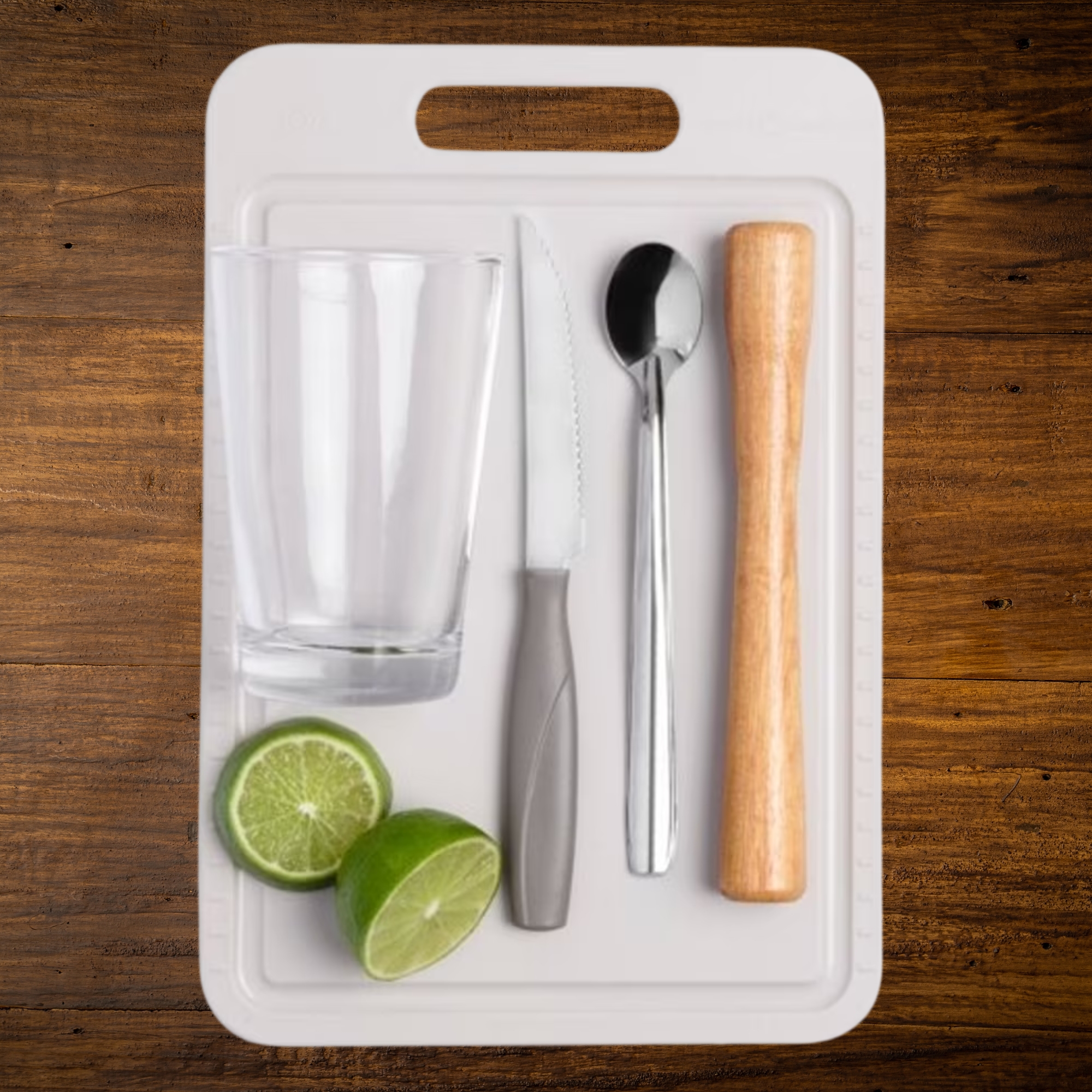 Kit Caipirinha 5 Peças Copo 350ml + Faca/Colher Inox + Socador de Madeira + Tábua Brinox 2348/499